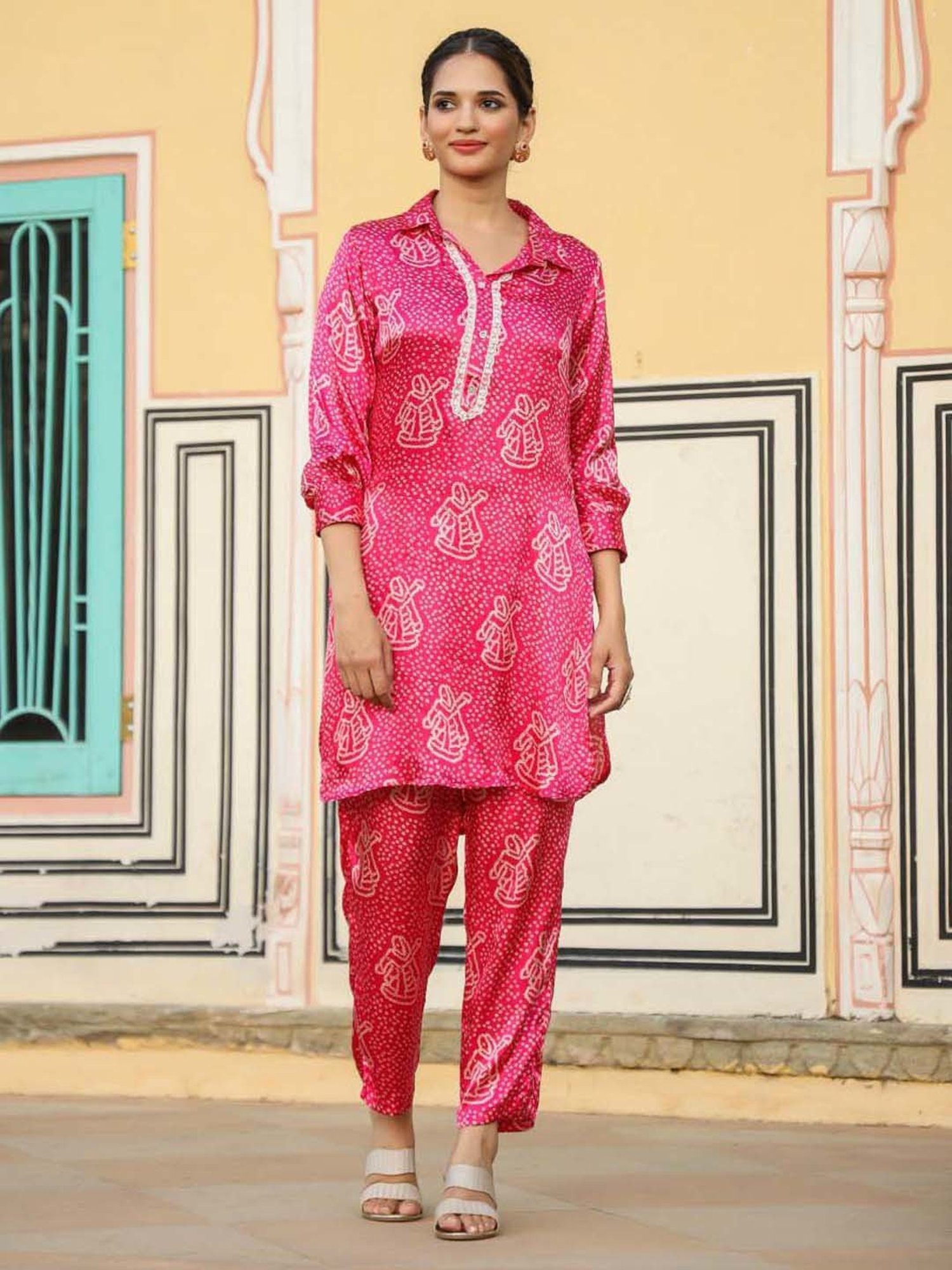 SCAKHI Rani Pink Printed Tunic Pant Set