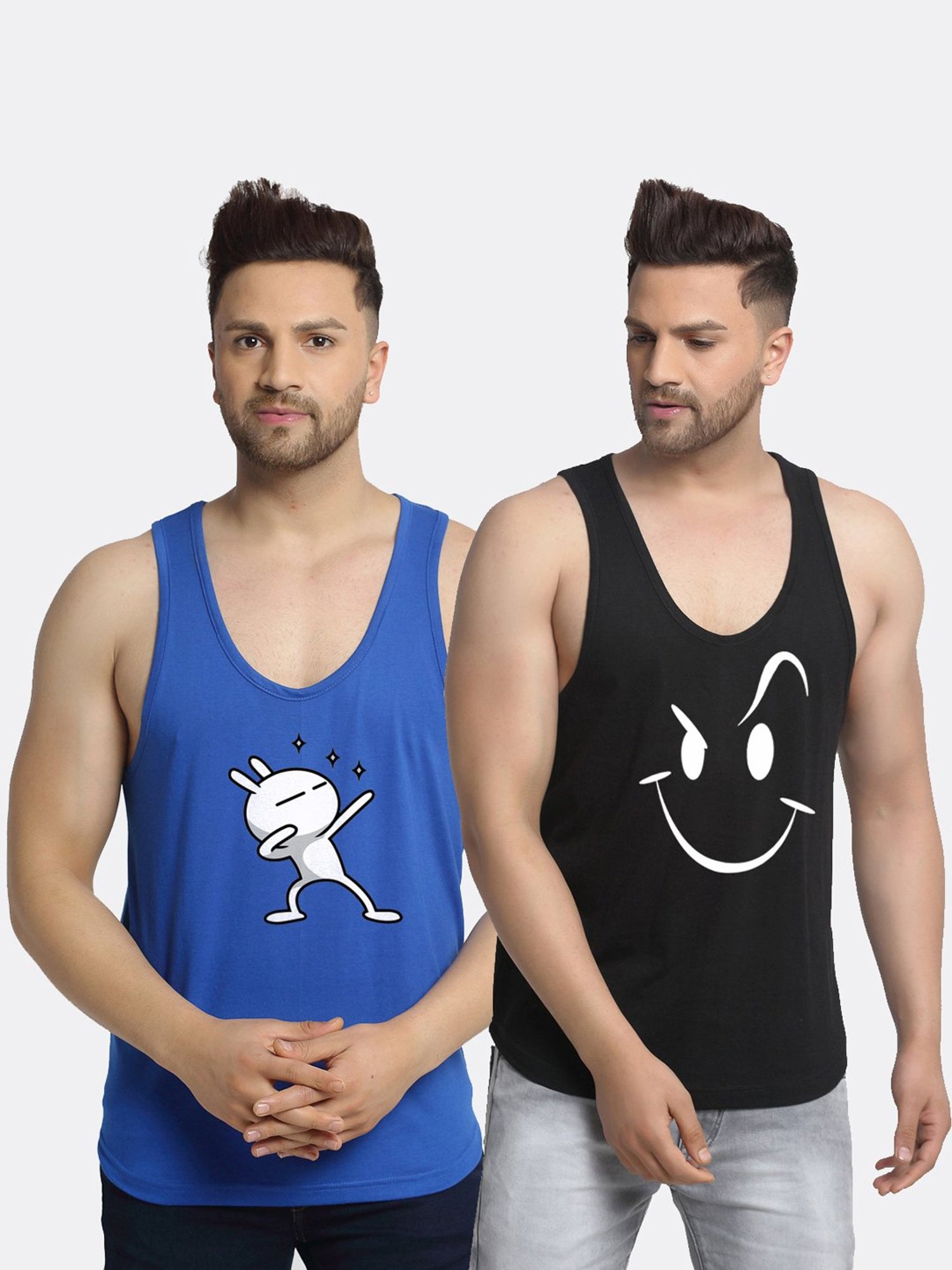 Friskers Multi Cotton Slim Fit Printed Gym Vest - Pack of 2