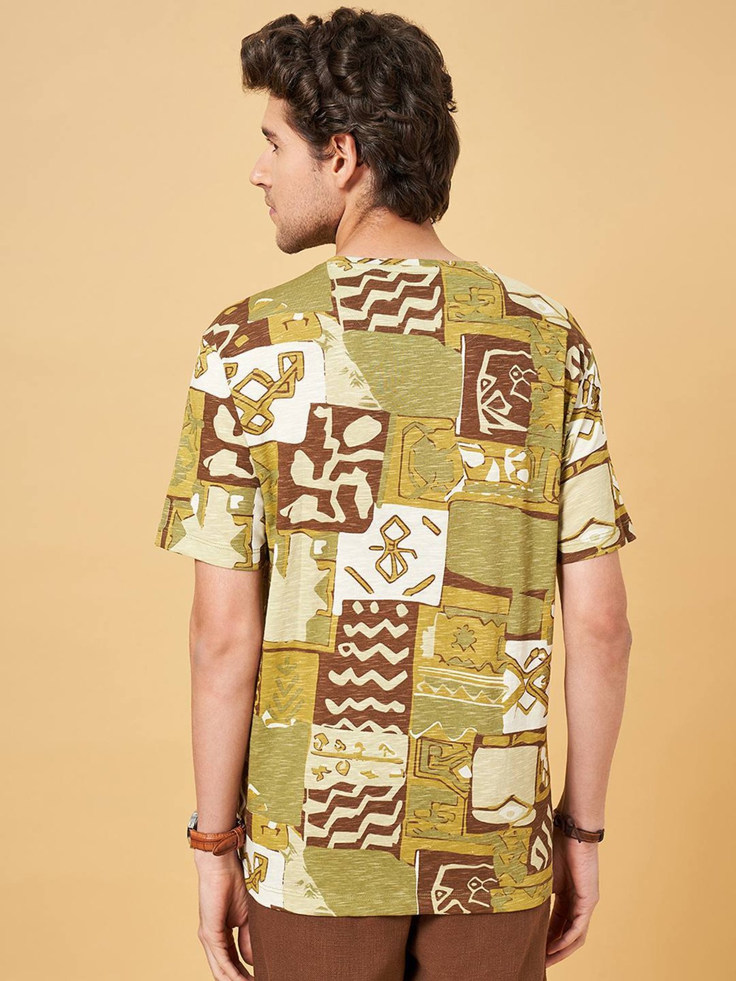 7 Alt by Pantaloons Light Green Cotton Relaxed Fit Printed T-Shirt