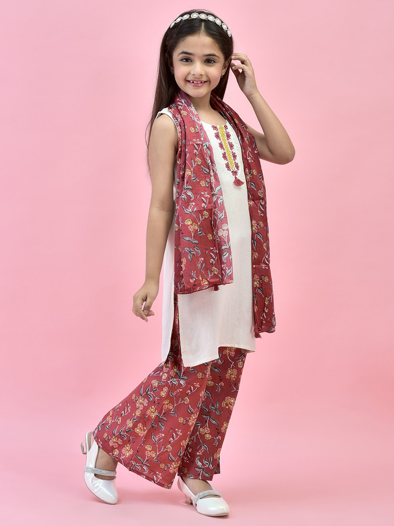 Juniper Girls White & Maroon Embroidered Kurta, Plazzos With Dupatta