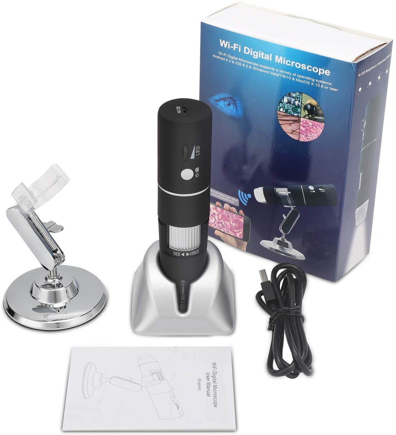 WiFi Digital Microscope Built In WiFi Wireless Digital Microscope Camera with 1080P HD 2MP 50x To 1000x Magnification Endoscope for Android, IOS, Smartphone, Tablet, Widows, IPad, Mac PC