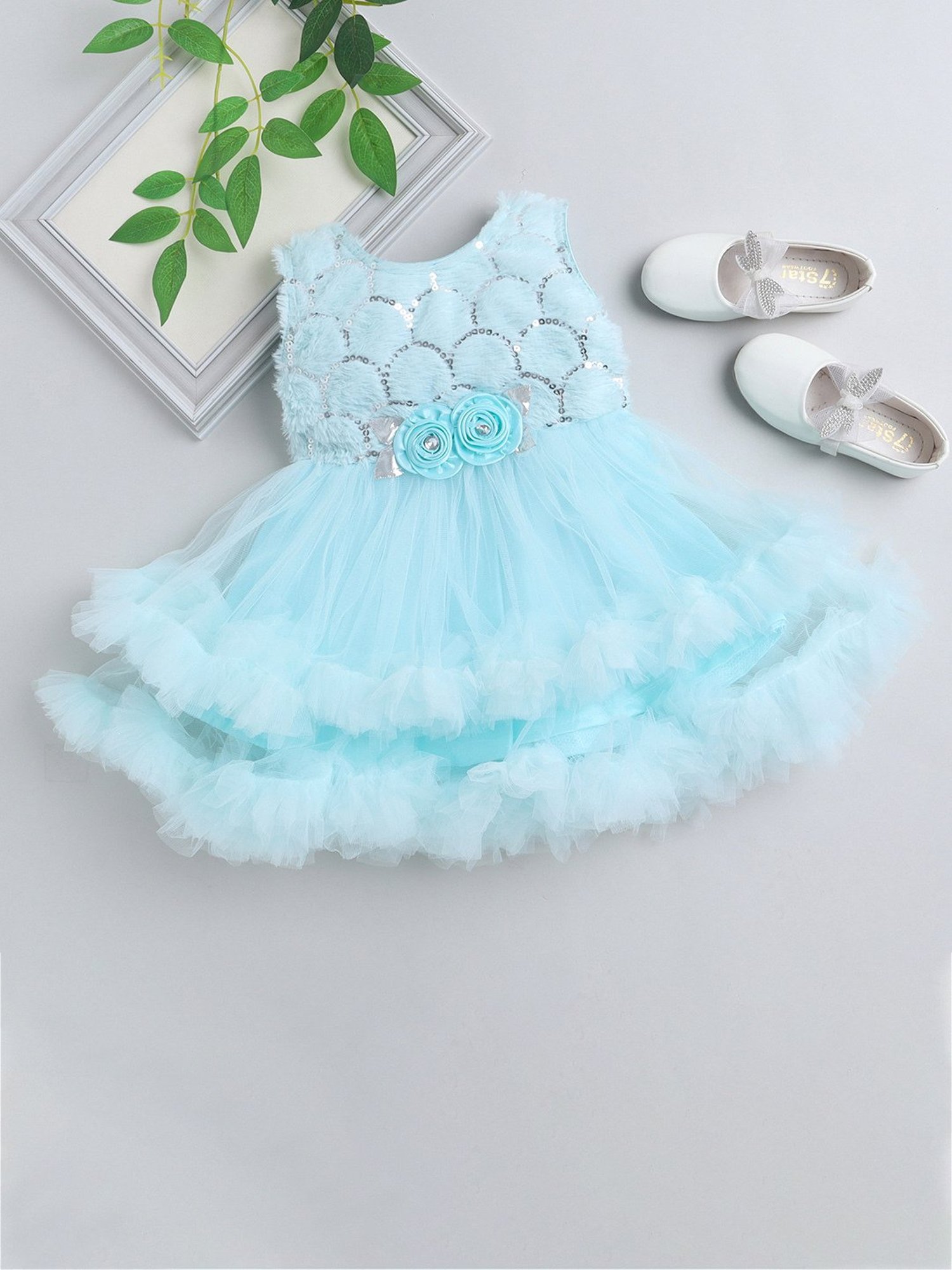 Many Frocks Kids Blue Embellished Dress