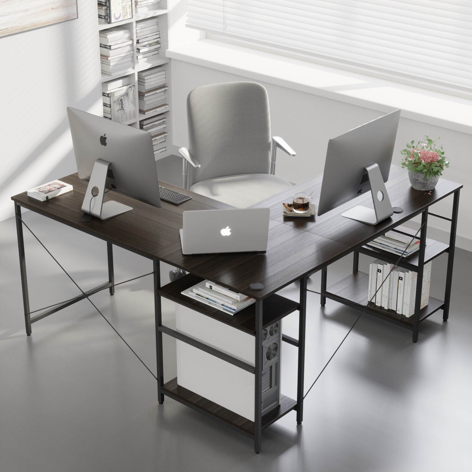 Bestier L Shaped Desk with Shelves 95.2 Inch Reversible Corner Computer Desk or 2 Person Long Table for Home Office Large Gaming Writing Storage Workstation P2 Board with 3 Cable Holes, Grey Oak