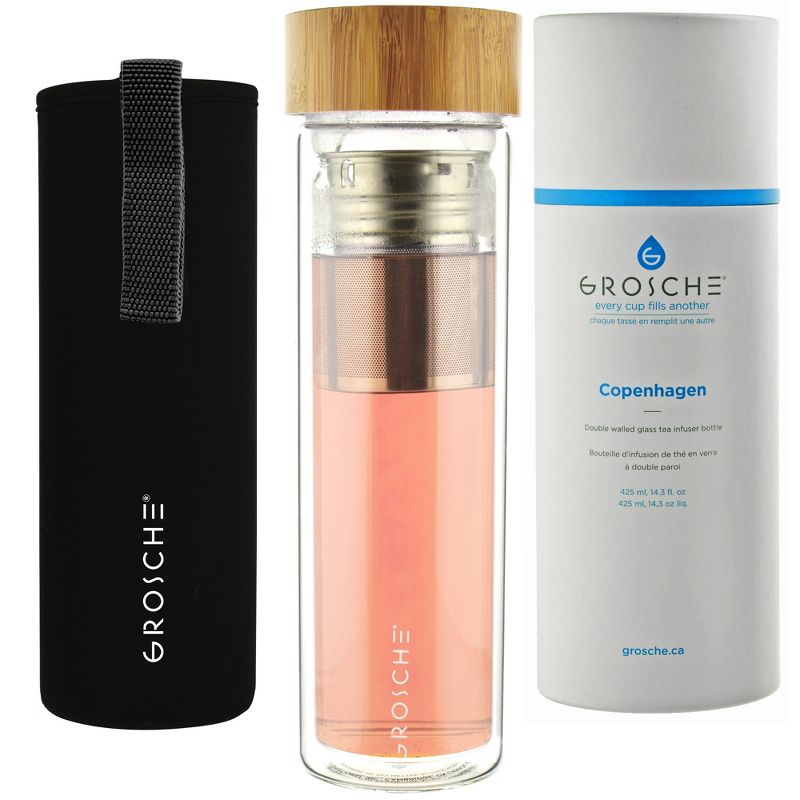 GROSCHE COPENHAGEN Double Walled Glass Tea Infuser Water Bottle, Insulated Bottle with Protective Sleeve, 14.3 fl oz. Capacity  