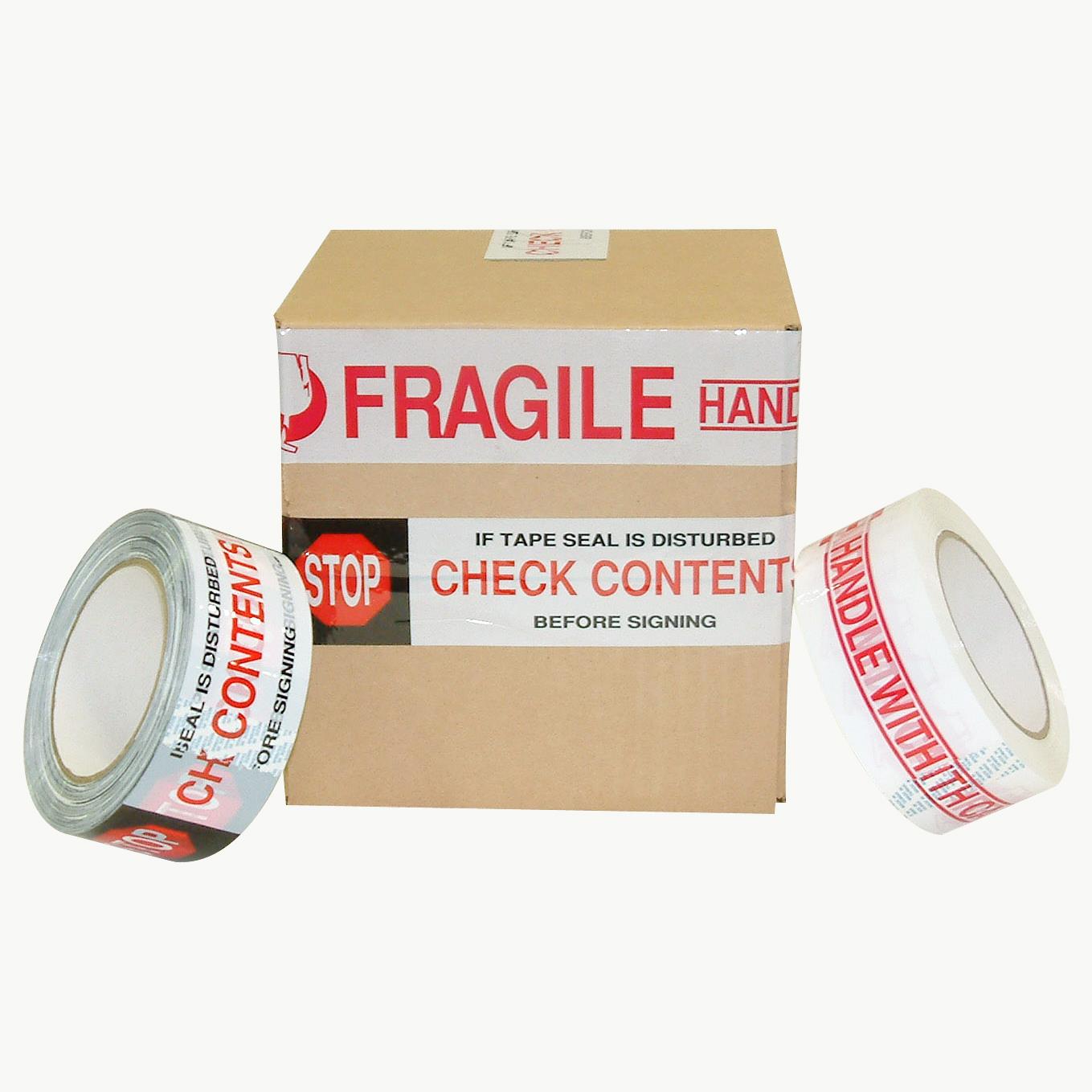 JVCC PP20 Printed Packaging Tape: 2 in x 110 yds. (White with "IF TAPE SEAL IS DISTURBED CHECK CONTENTS BEFORE SIGNING" printing)