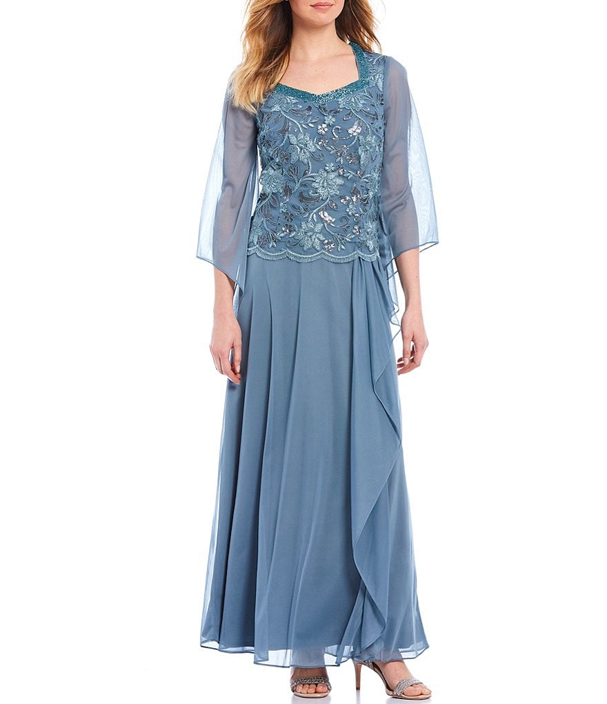 Kay Unger Long Bishop Sleeve V-Neck Crepe A-Line Dress