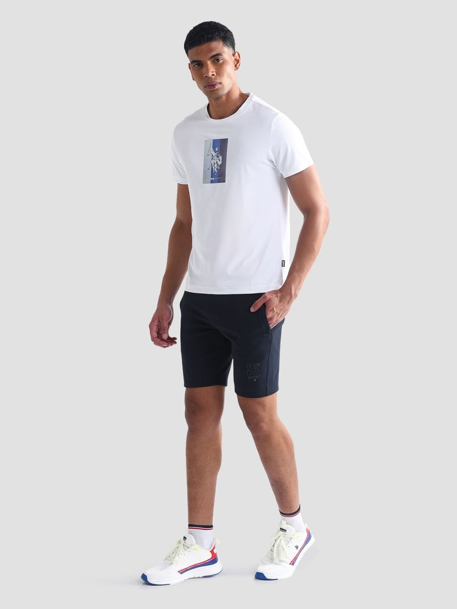 USPA Active Navy Slim Fit Logo Printed Sports Shorts