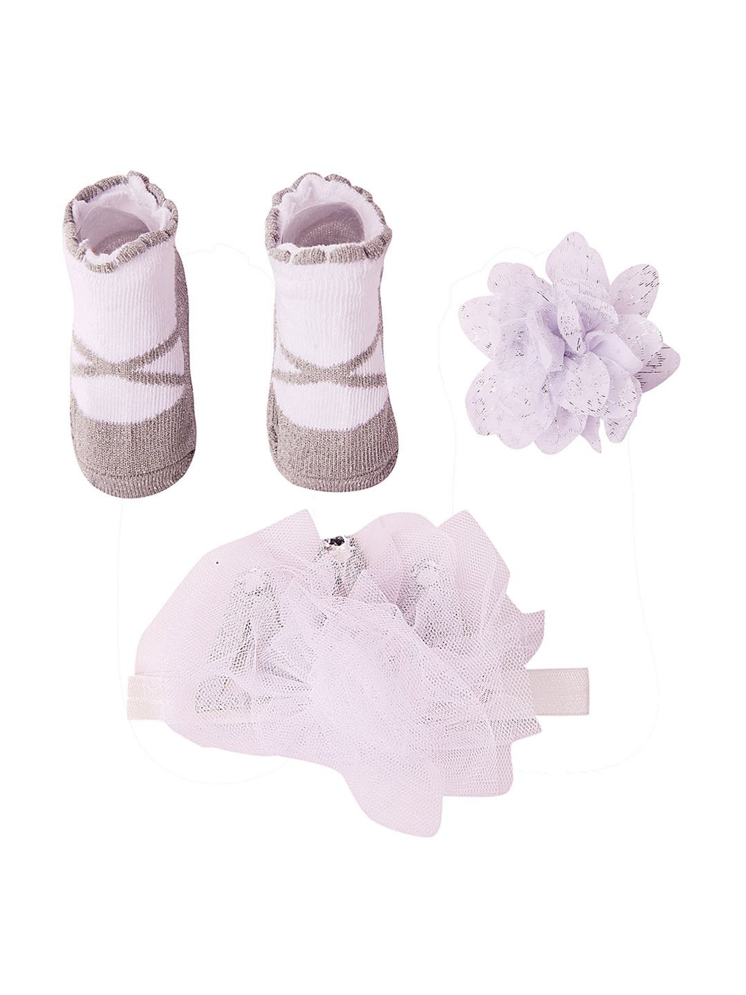 Baby Moo Dressy Floral Grey 3 Pcs Hairband and Socks Set