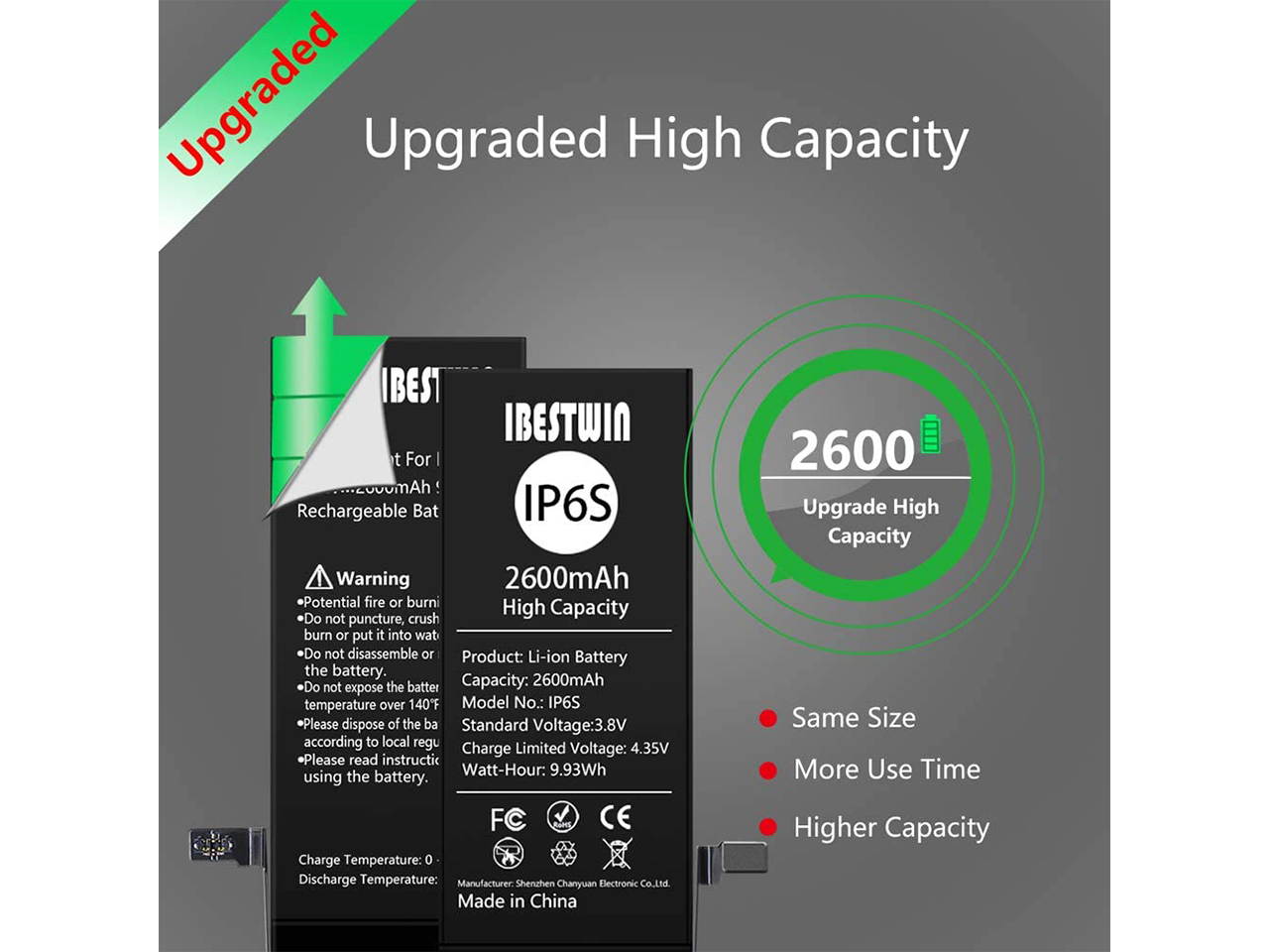 Battery for iPhone 6s, IBESTWIN 2600mAh Battery Replacement Kit for iPhone 6s with Full Remove Tool Kit and Instruction High Capacity(Only for IP 6s)