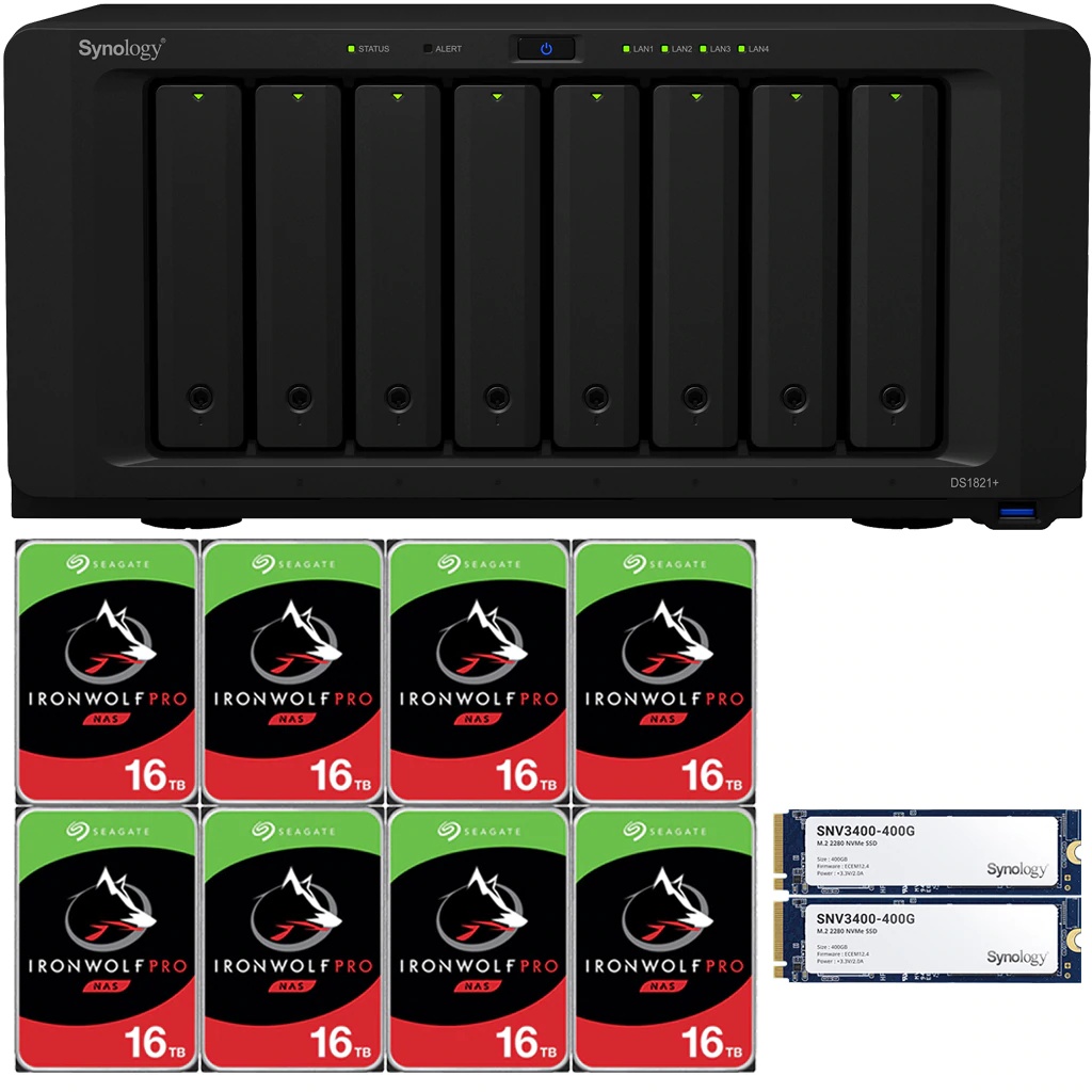 Synology DS1821+ DiskStation with 32GB RAM and 96TB (8 x 12TB) of Seagate Ironwolf PRO NAS Drives and 800GB (2x400GB) NVME Cache Fully Assembled and Tested By CustomTechSales