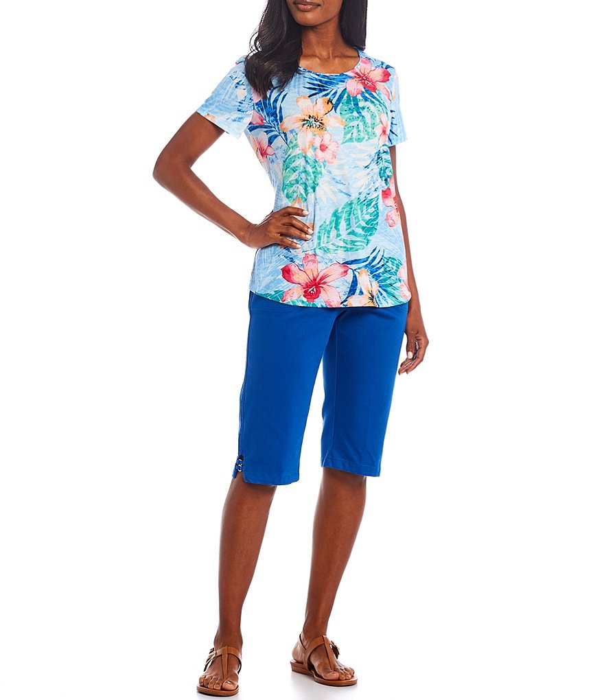 Allison Daley Petite Size Rainforest Tropical Print Embellished Front Detail Crew Neck Short Sleeve Top