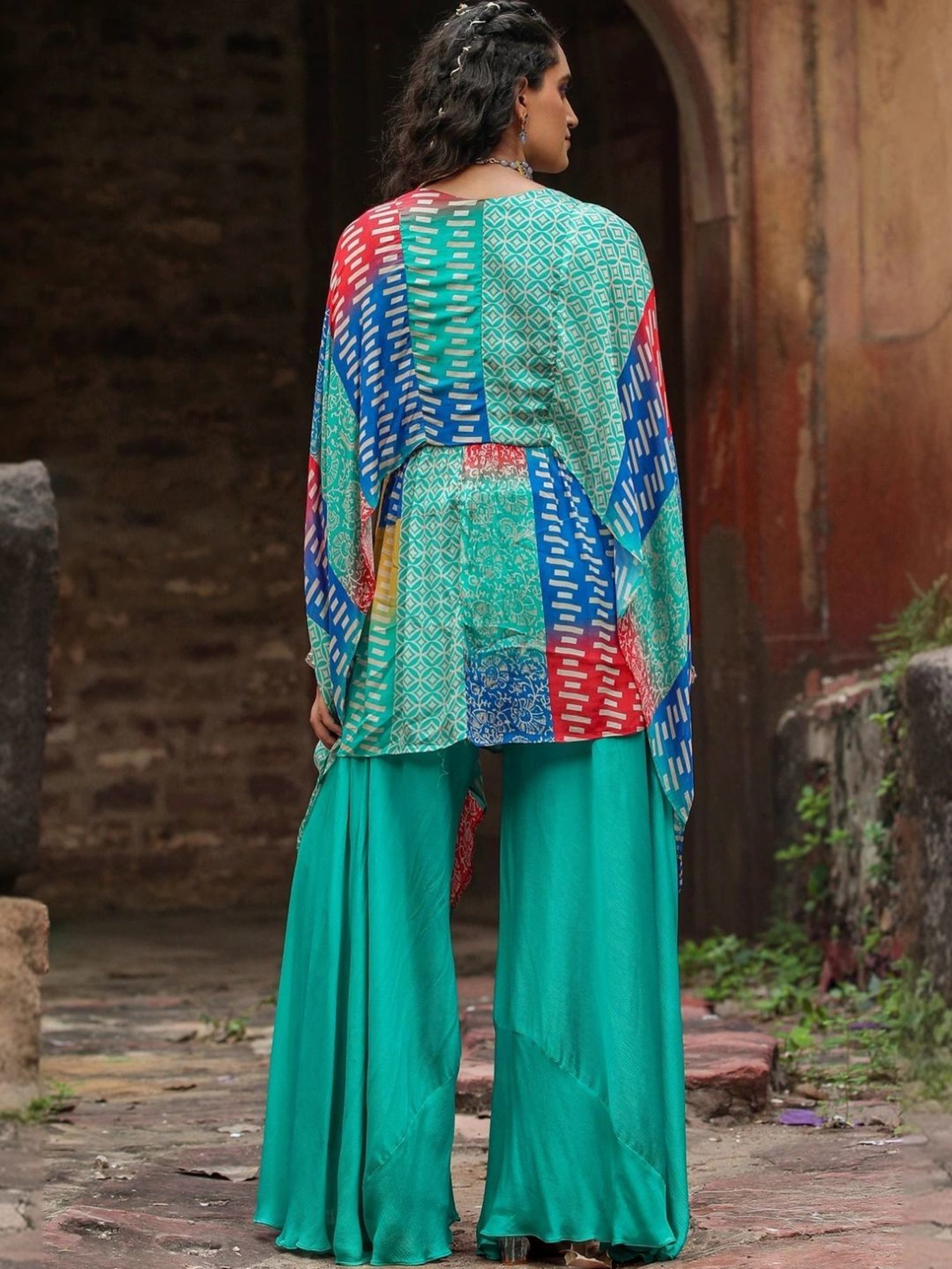 Scakhi Turquoise Chinon Silk Printed Co-ord Set Kaftan With Sharara