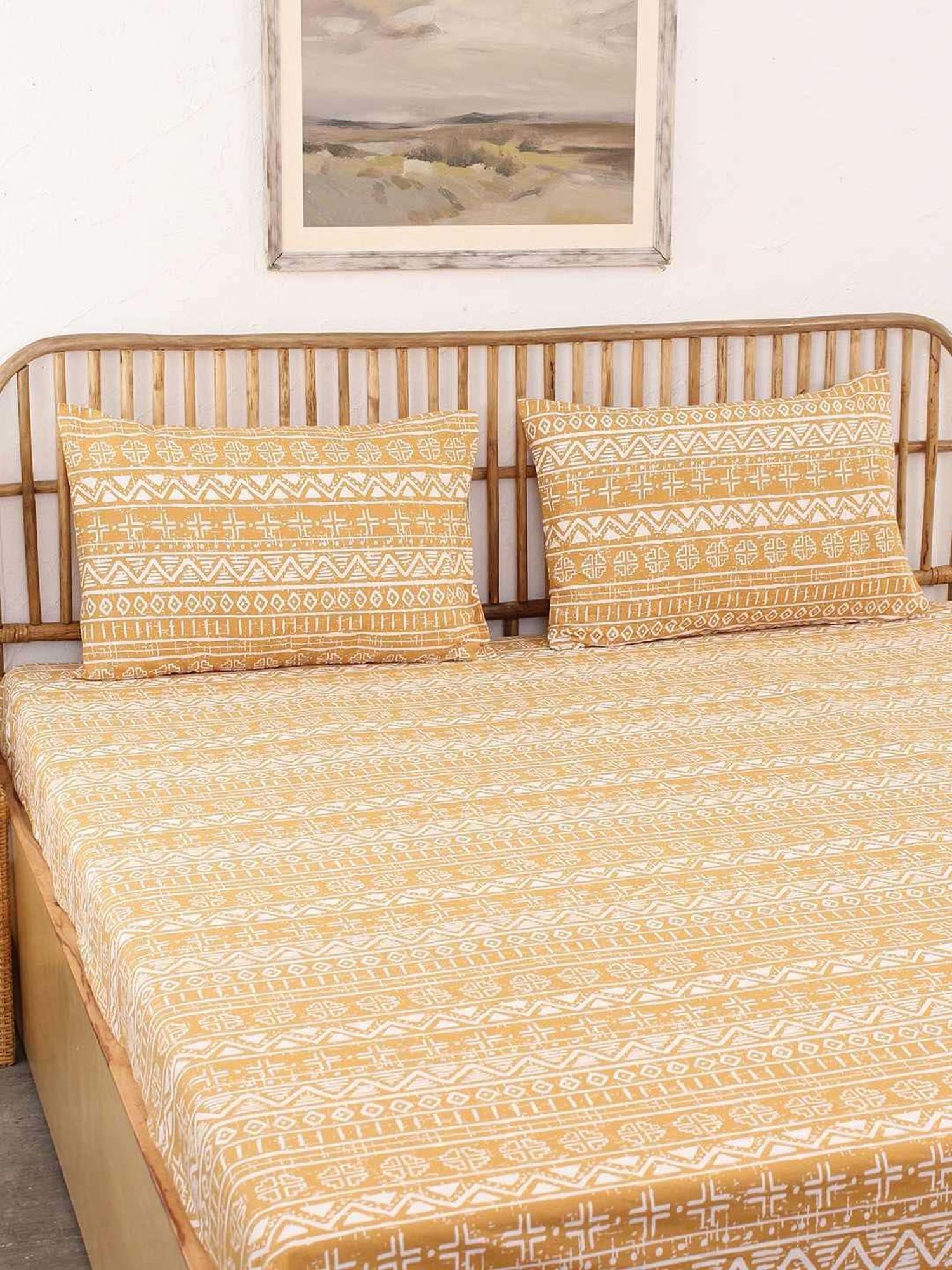 House This Kullu Patti Yellow 150 TC Cotton Double Bedsheet Set