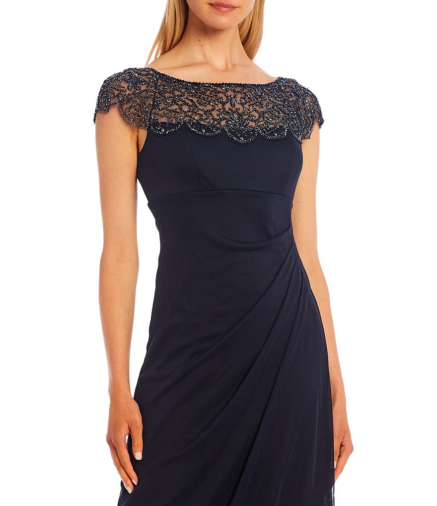 Xscape Embroidered Boat Neck Cap Sleeve Side Rouch Mesh Gown