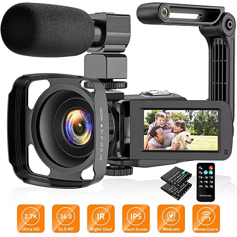 Camera Camcorder 27K Vlogging Camera for YouTube Ultra HD 24FPS 36 MP IR Night Vision 16X Digital Zoom 30 Touch Screen Camera with Microphone Handheld Stabilizer Lens Hood