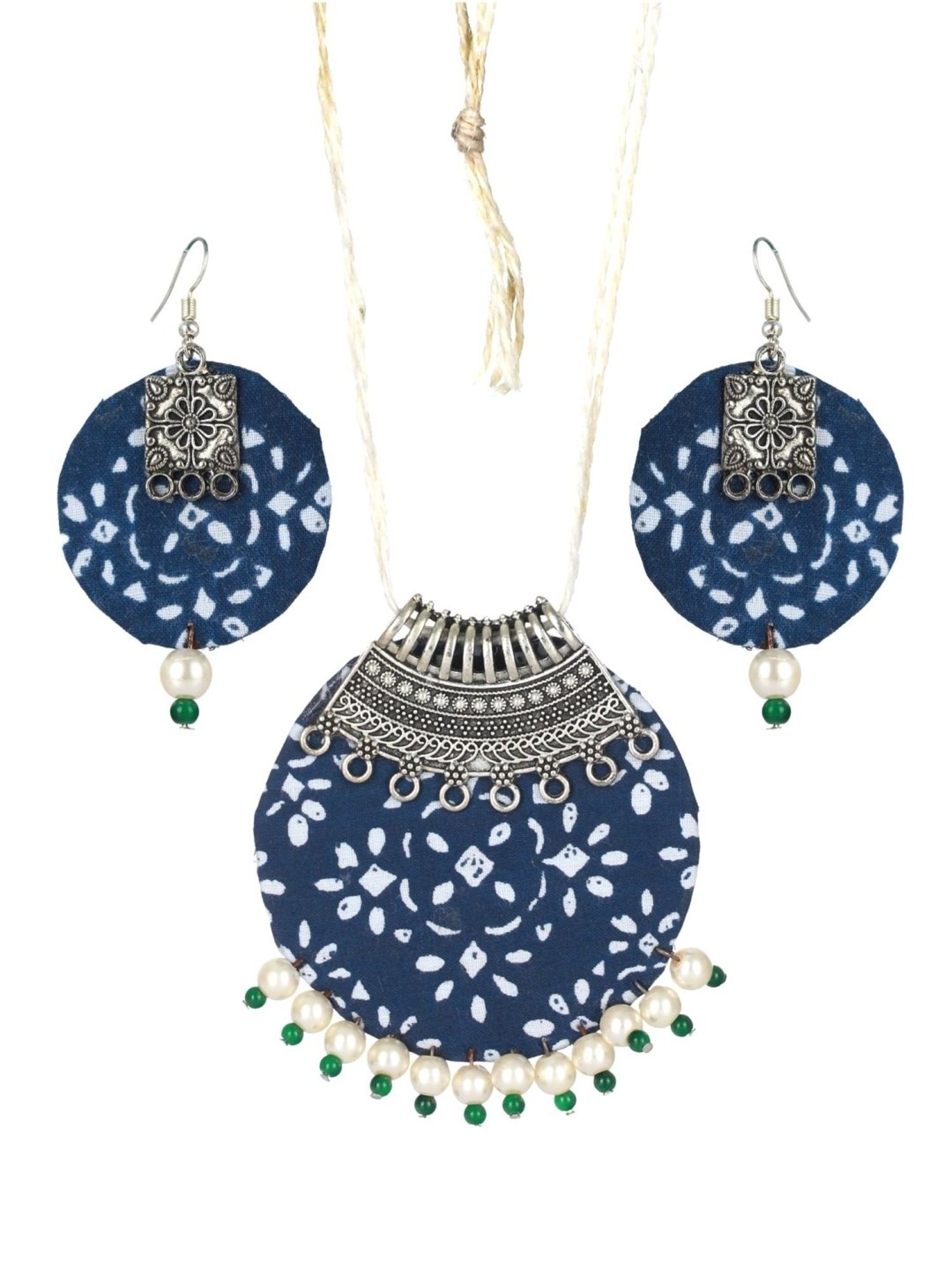 Aatmana Blue & White Fabric Material & Silver Work Necklace Set