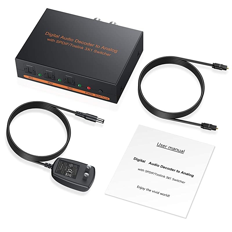 Digital to Analog Audio Decoder 3 Port Optical SPDIF Toslink to LR RCA 35mm Stereo Audio Toslink Optical Switcher Splitter with 65ft OD 40 Cable Power Adapter Support DTS AC3 20 LPCM