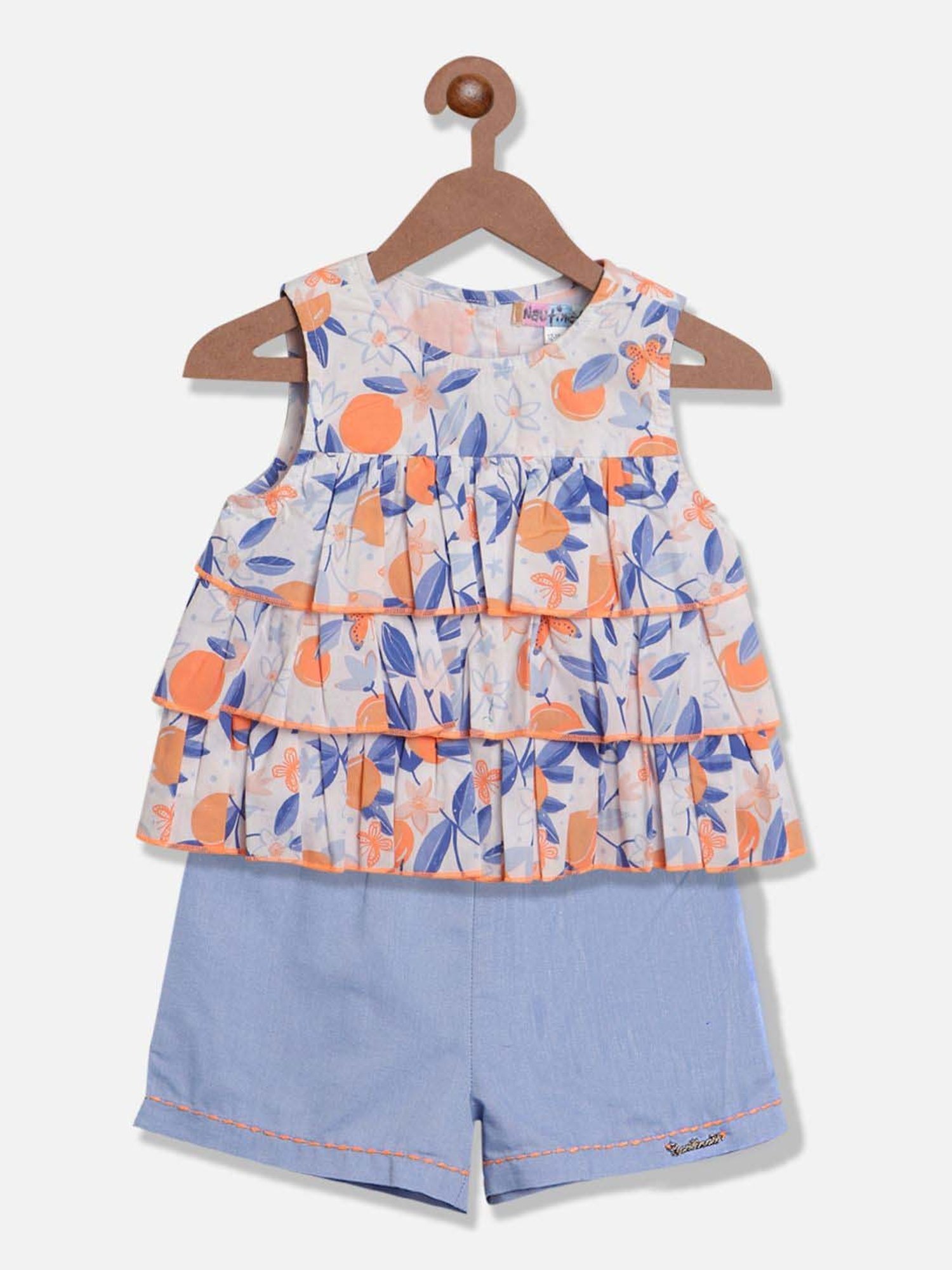 Nauti Nati Kids White & Blue Cotton Printed Top Set