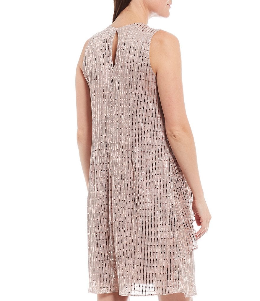 Leslie Fay Keyhole Neck Sleeveless Ruffle Detail Sequin Knit Dress