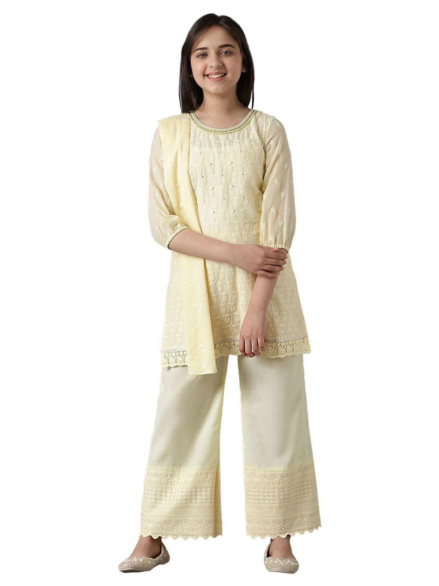 Aurelia Kids Light Yellow Embroidered Kurta with Palazzos & Dupatta
