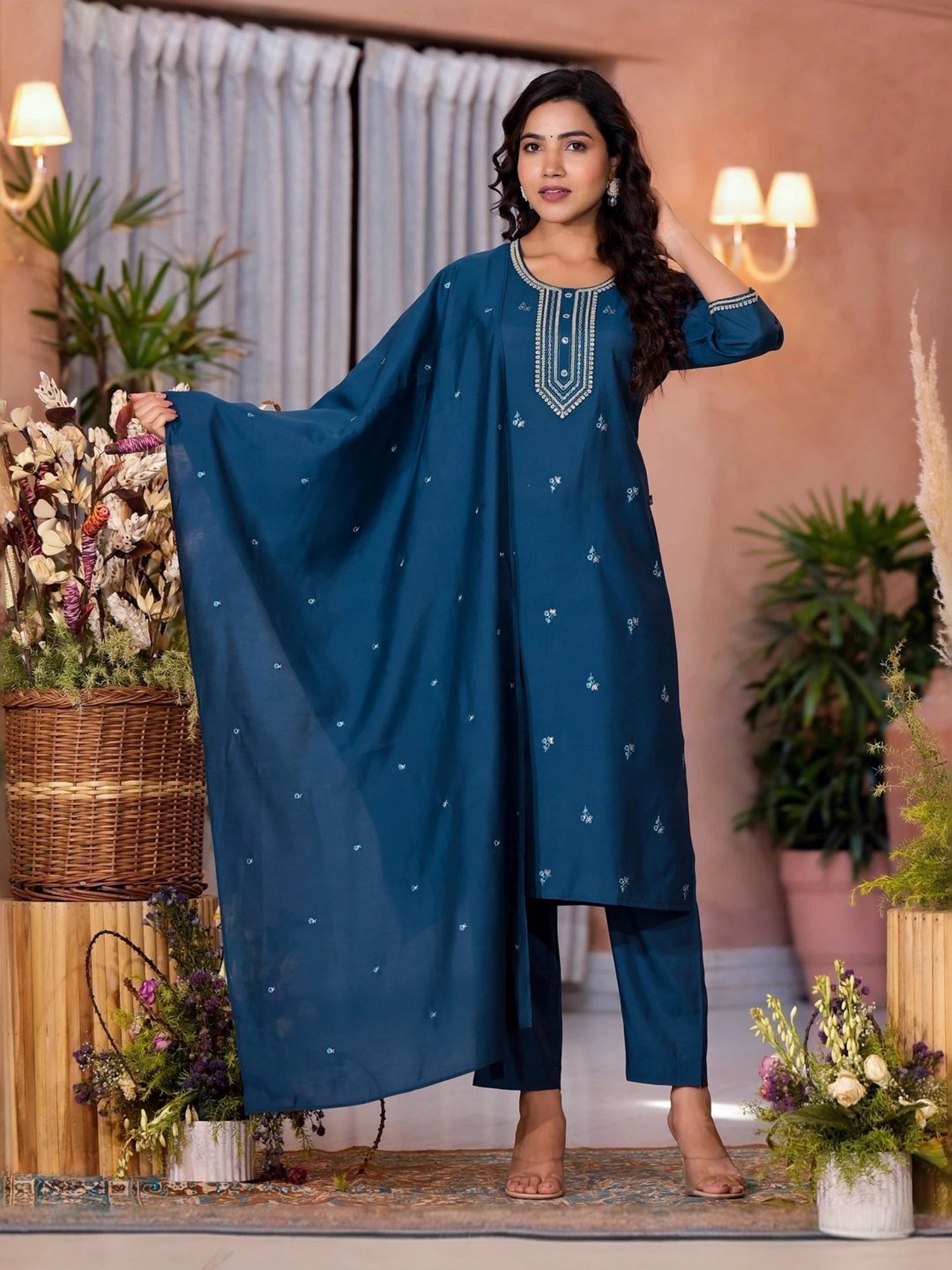 Juniper Blue Embroidered Kurta Pant Set With Dupatta