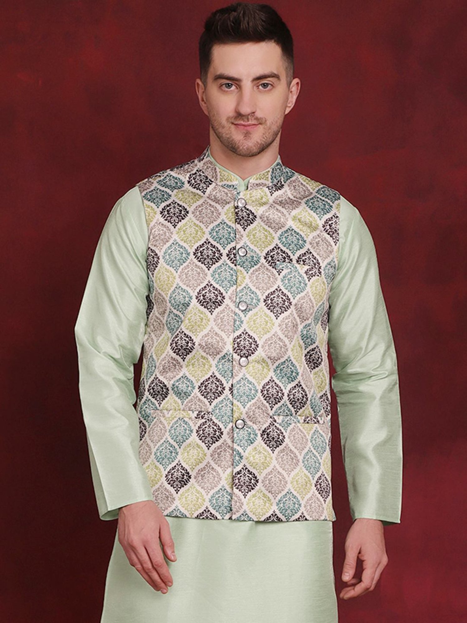 Jompers Green Regular Fit Printed Nehru Jacket