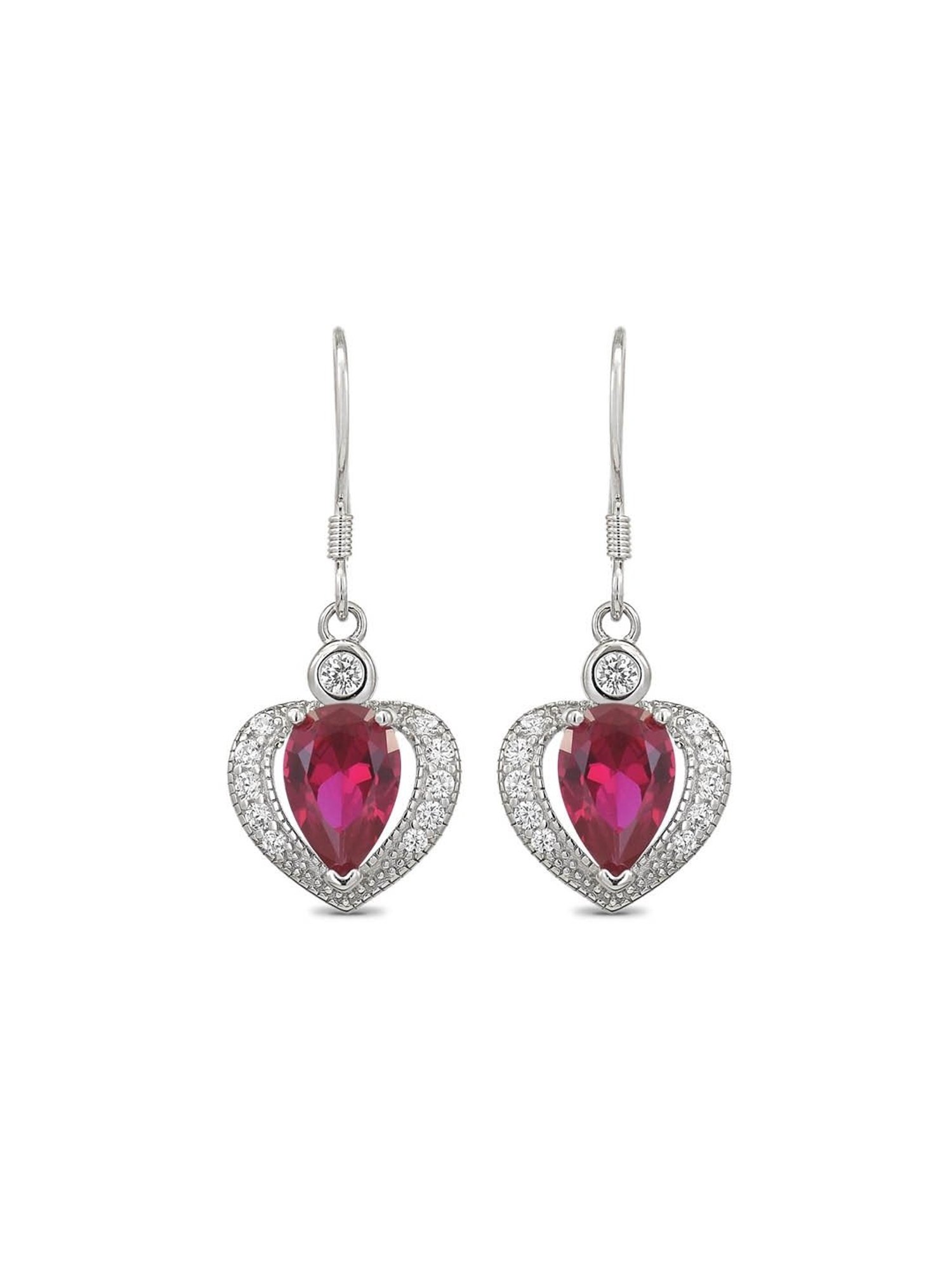 925 Silver Red Ruby and American Diamond Heart d Dangler Earrings for Women & Girls