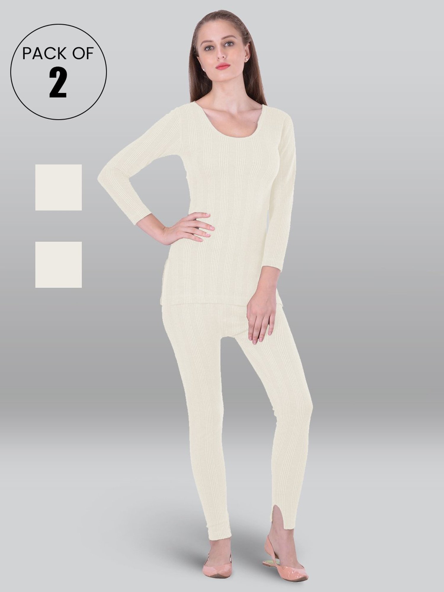 LUX Inferno Off-White Striped Thermal Top Leggings Set - Pack Of 2