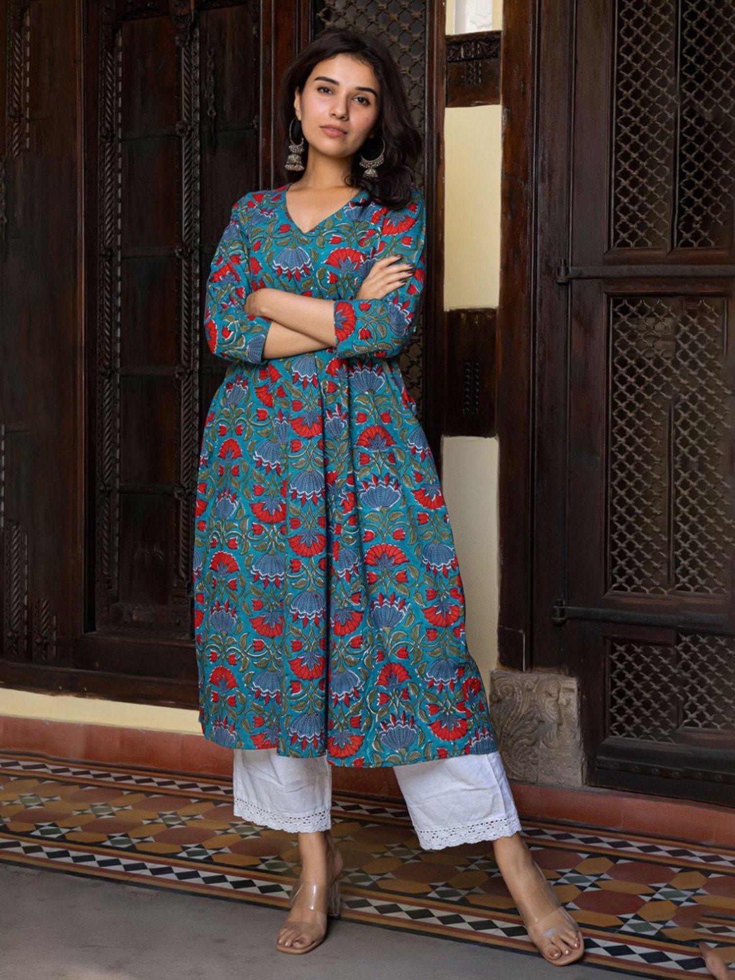 Eeshva India Green Hand Blocked Kali Kurta In Cotton