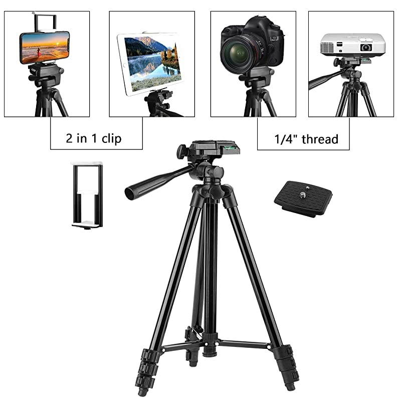Compatible for iPad iPhone Tripod 50quot Lightweight Aluminum Phone Camera Tablet Tripod + Wireless Remote + Universal 2 in 1 Mount Holder for Smartphone Width 2233quotTablet Width 4373quot