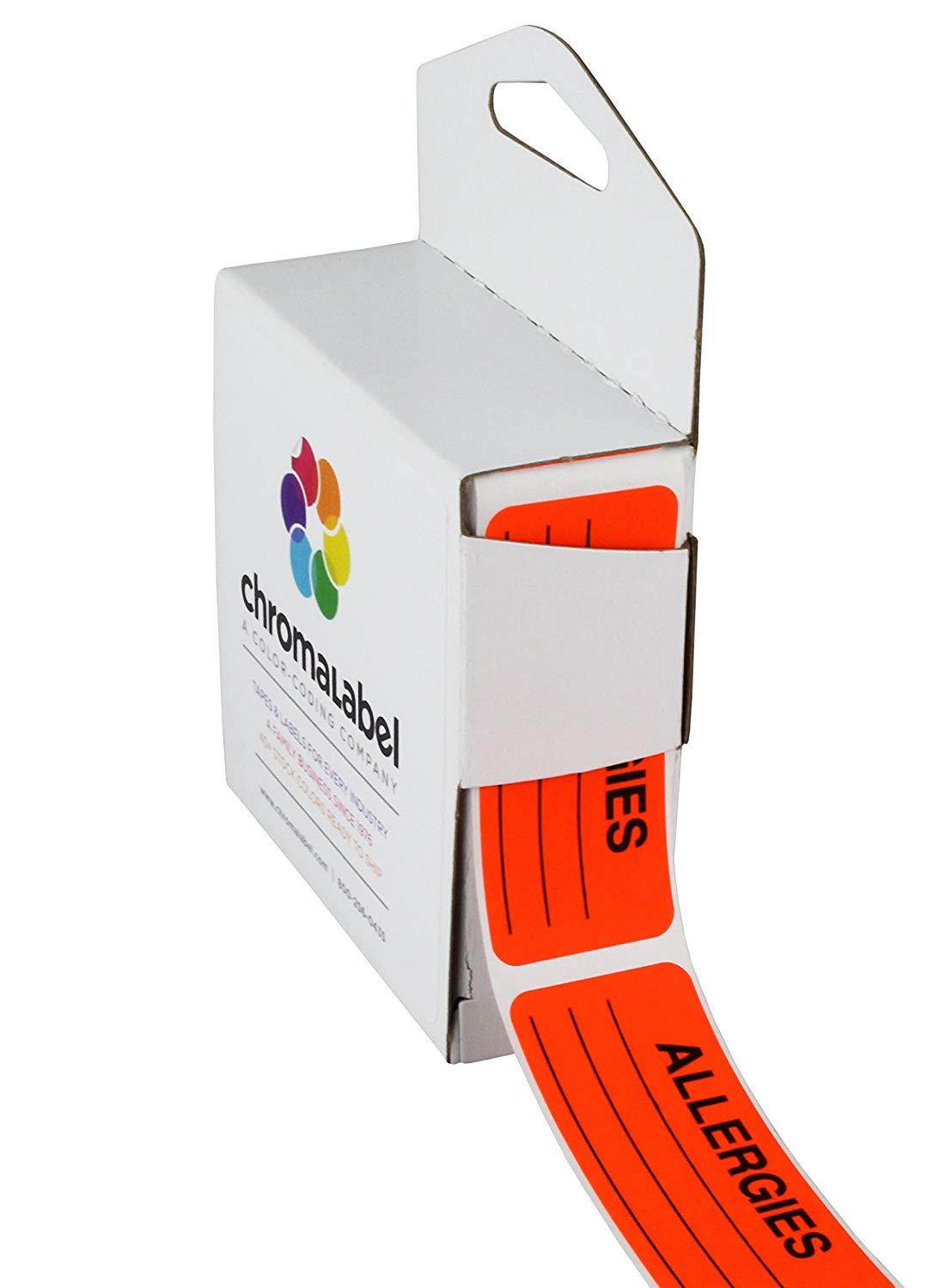 ChromaLabel 1 x 2-1/4 inch Fluorescent Red-Orange Labels |"ALLERGIES" Imprint | 250/Dispenser Box