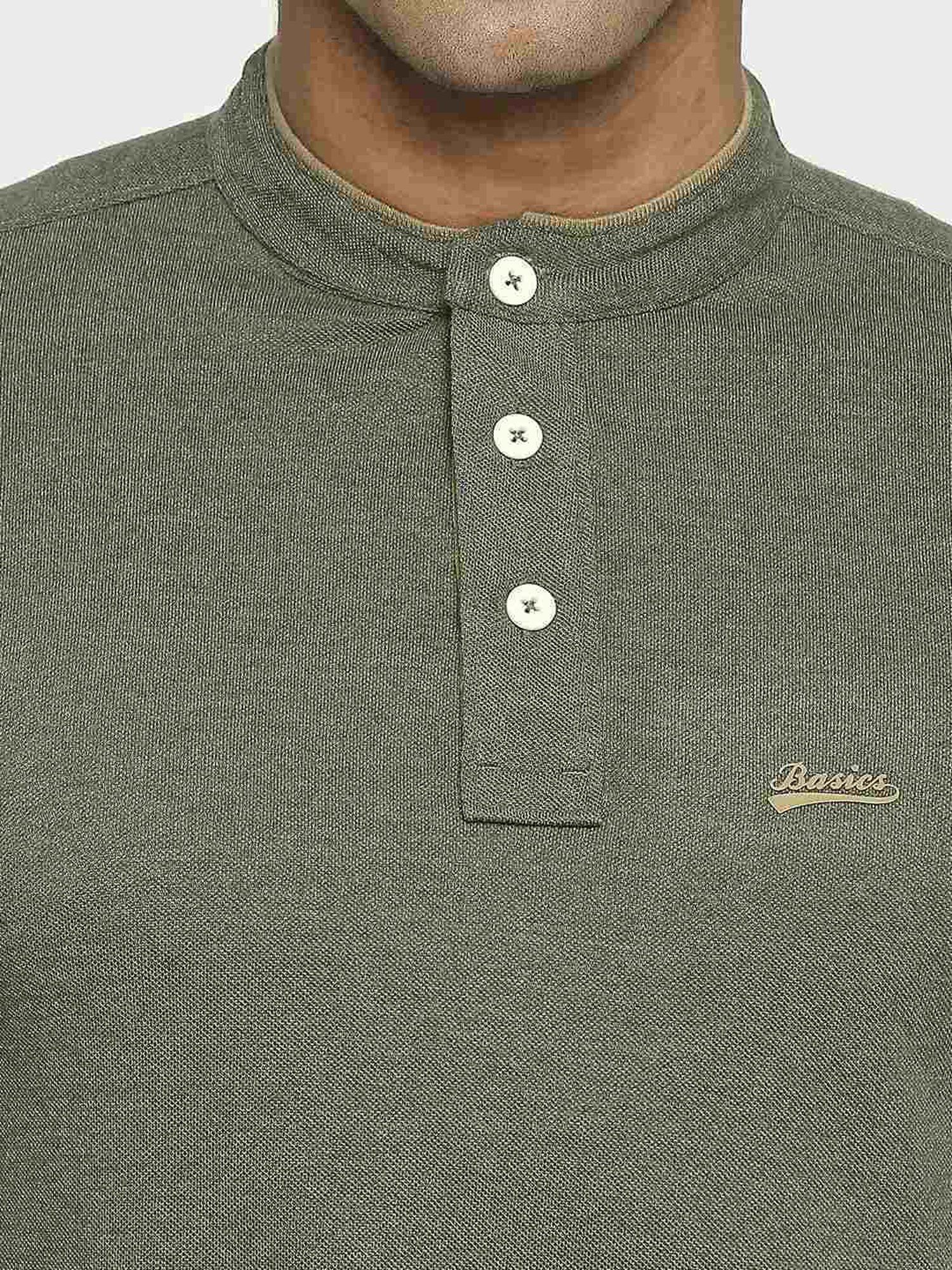 Basics Green Cotton Muscle Fit Henley T-Shirt
