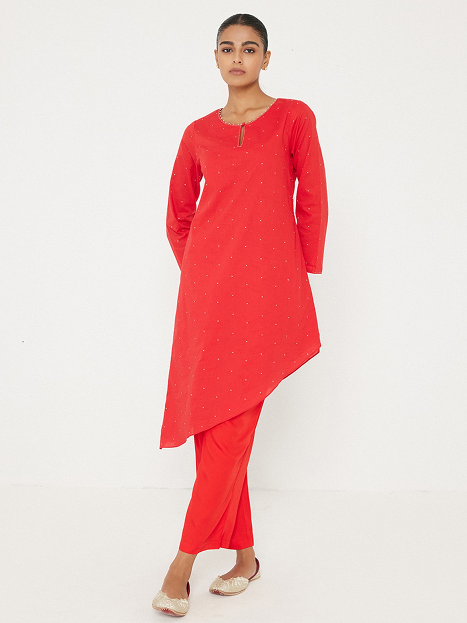 ANCESTRY Red Embellished Kurta Pant Set