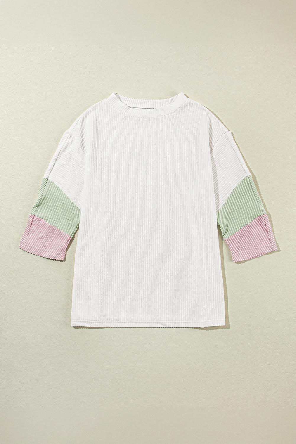 White Ribbed Colorblock Drop Sleeve Top
