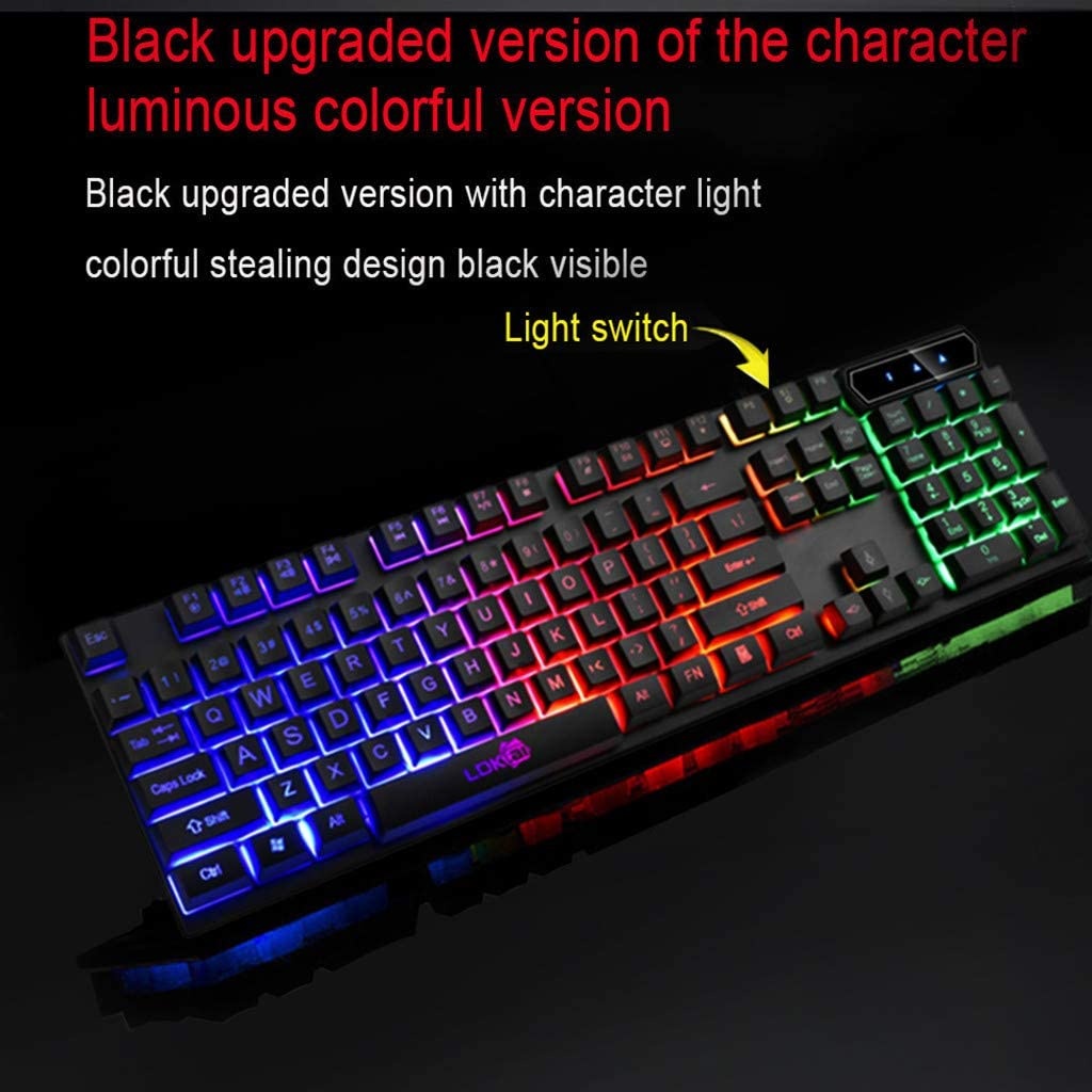 Keyboard US Stock- Gaming Keyboard Waterproof Colorful Crack LED Illuminated Backlit USB Wired PC Rainbow 104 Keys for Windows PC Gamer (Black)