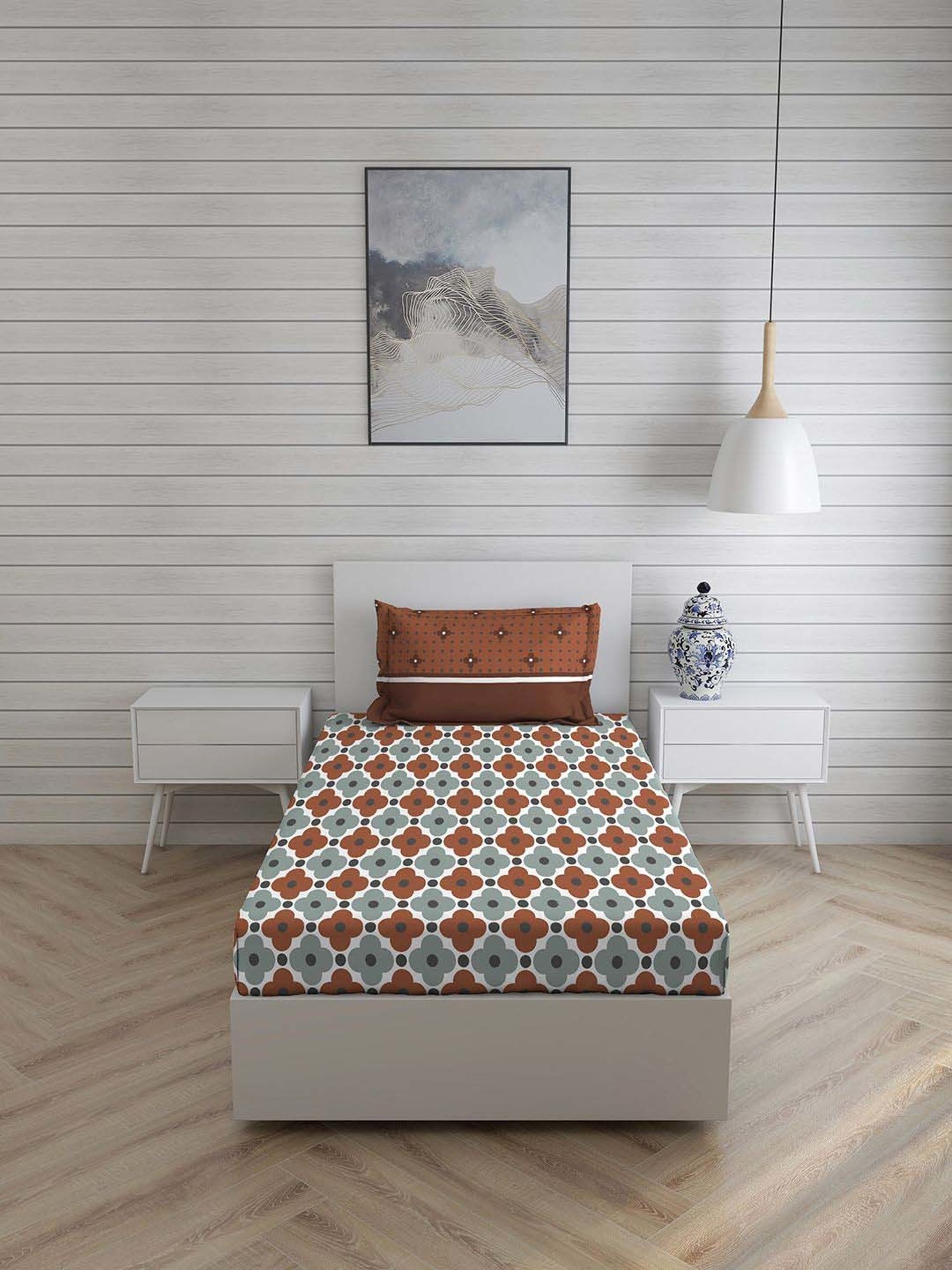 Layers Turin Brown & Grey Cotton 104 TC Single Size Bed Sheet with Pillow Cover