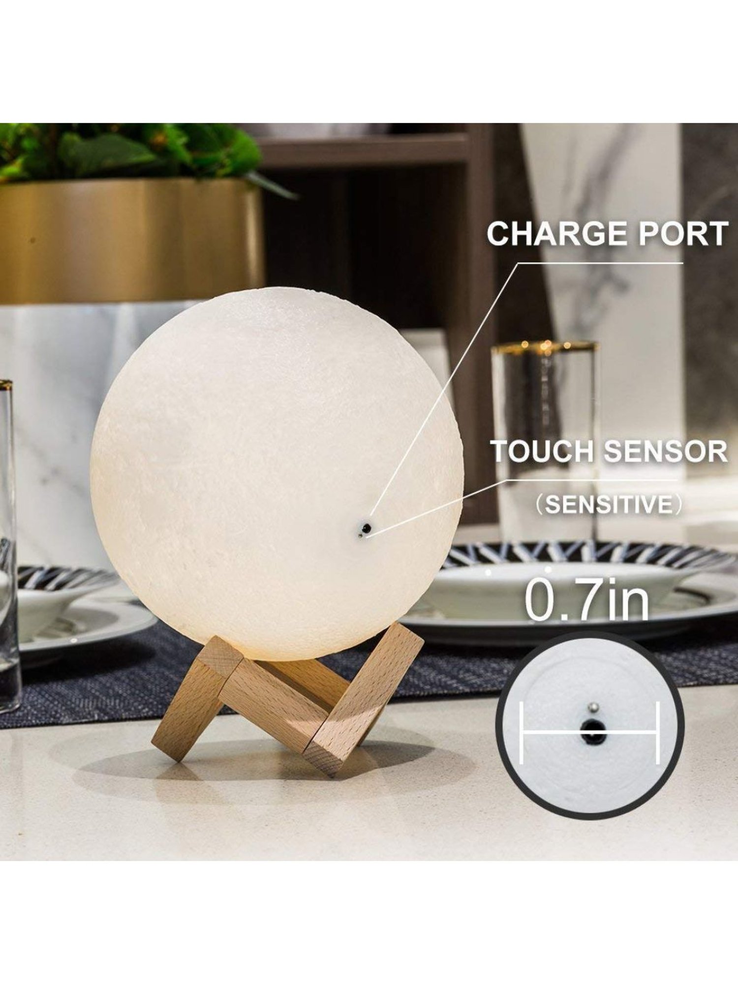 XERGY 3D Rechargeable Moon Light Lamp with Stand and Touch Control Adjust Brightness (White)