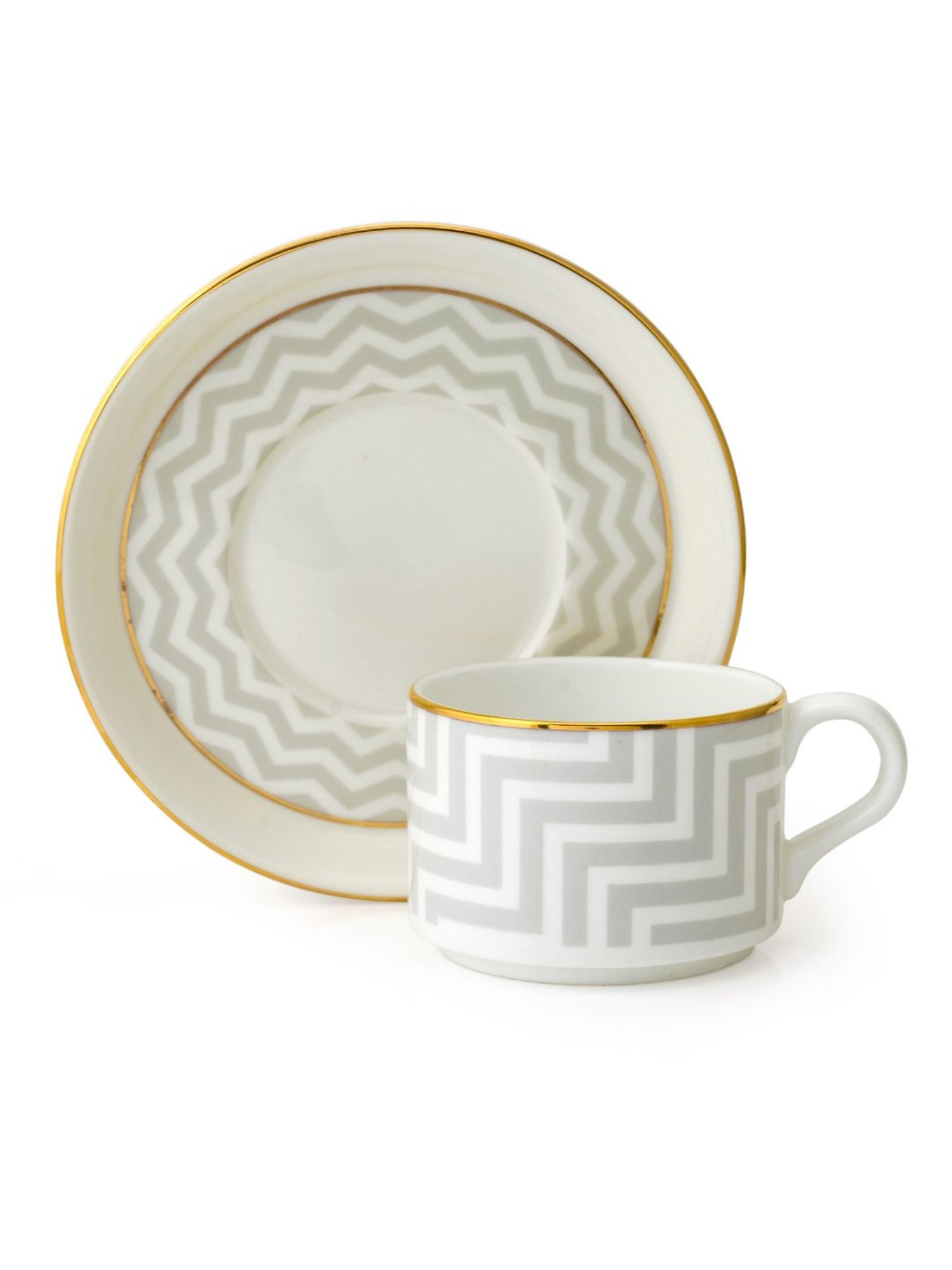 Clay Craft Colour White Line Fine Ceramic Cup Saucer Set of 12 ( 6 Cups + 6 Saucers) - 180 ml each