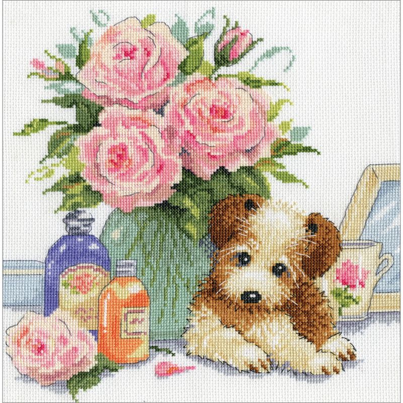 Design Works Counted Cross Stitch Kit 10"X10"-Puppy W/Roses (14 Count)
