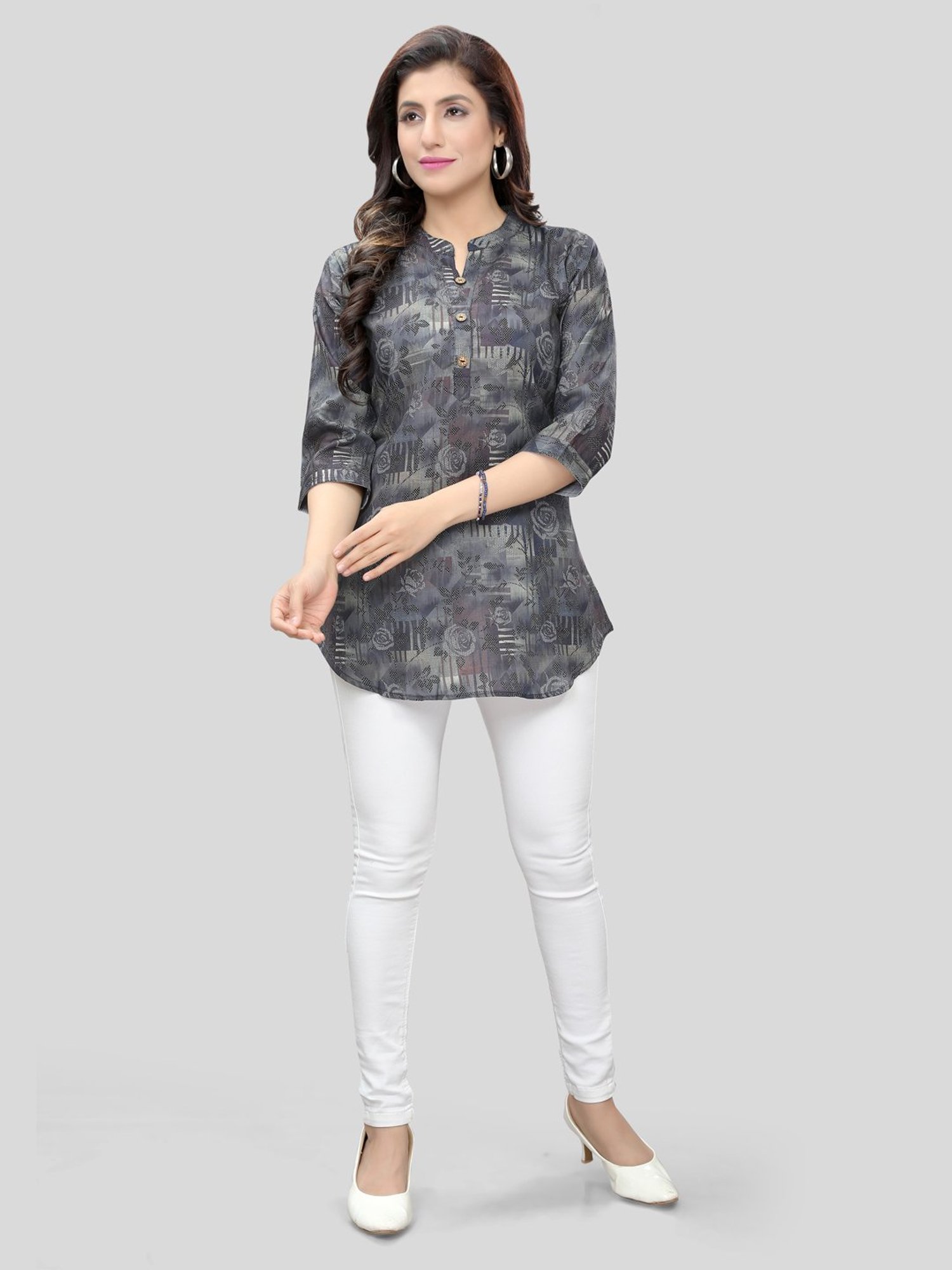 Saree Swarg Grey Printed A Line Short Kurti