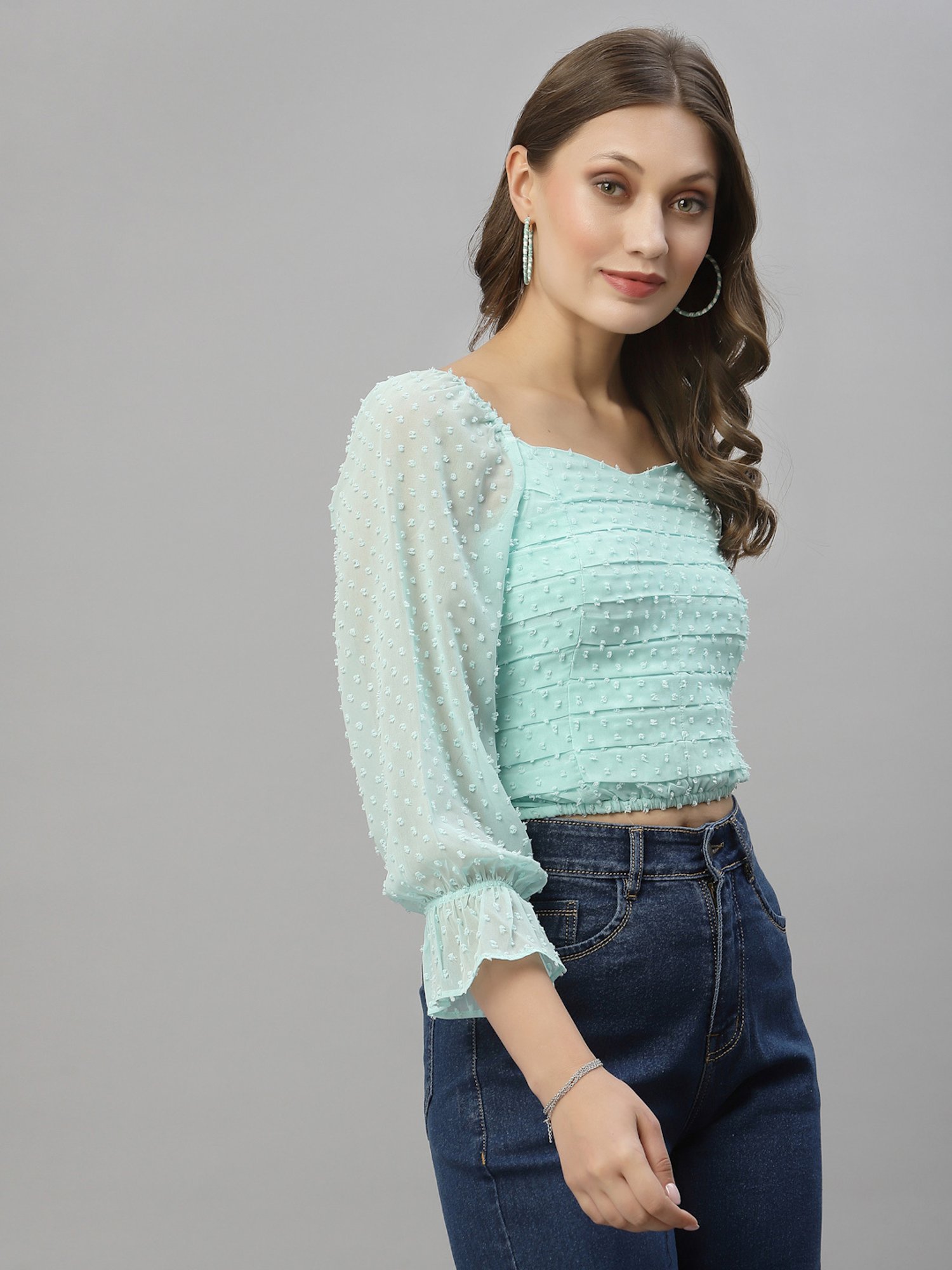 KASSUALLY Mint Green Self Design Crop Top