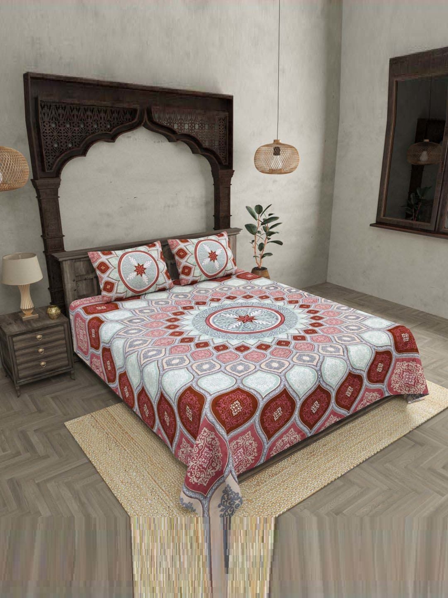 JaipurFabric Peach 240 TC 100% Cotton Sacred Shells Double Bedsheet with 2 Pillow Covers