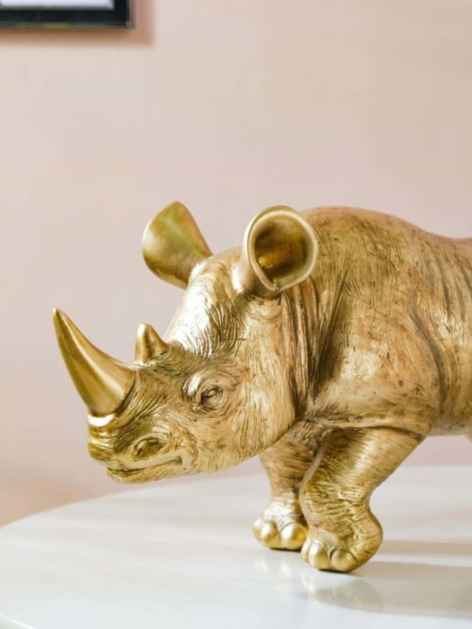 Nestasia Golden Durable Resin Made Artistic Rhino Showpiece With Anti-Skid Base Perfect For Gifting