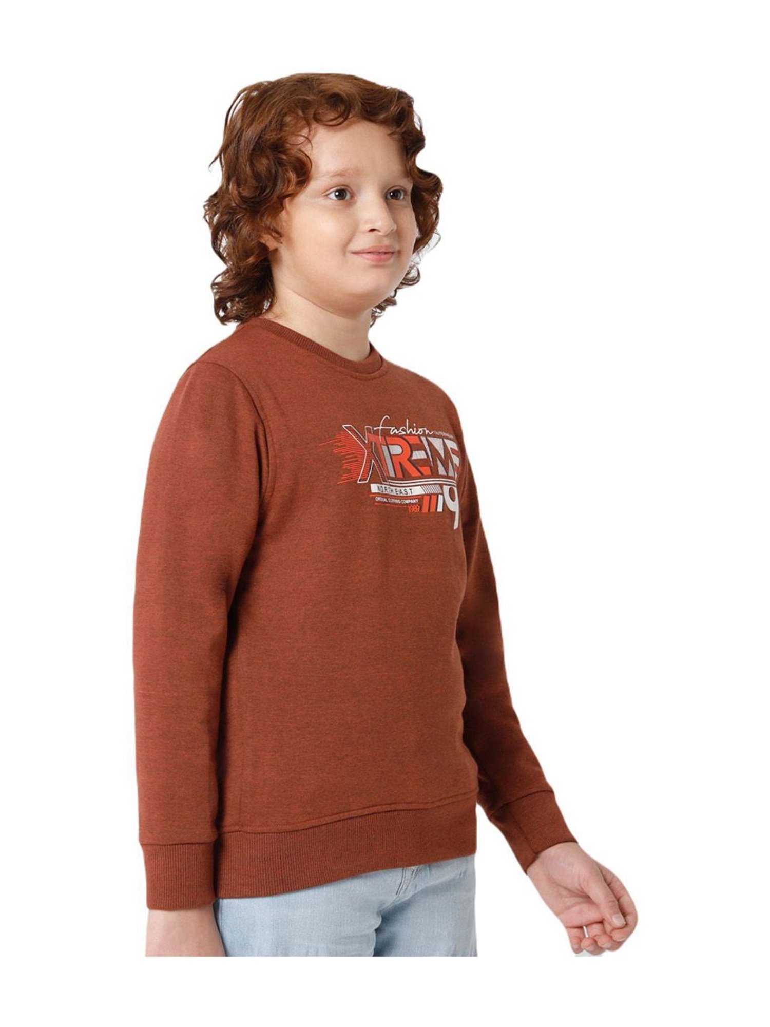 Proteens Kids Melange Brown Cotton Printed Full Sleeves Sweatshirt