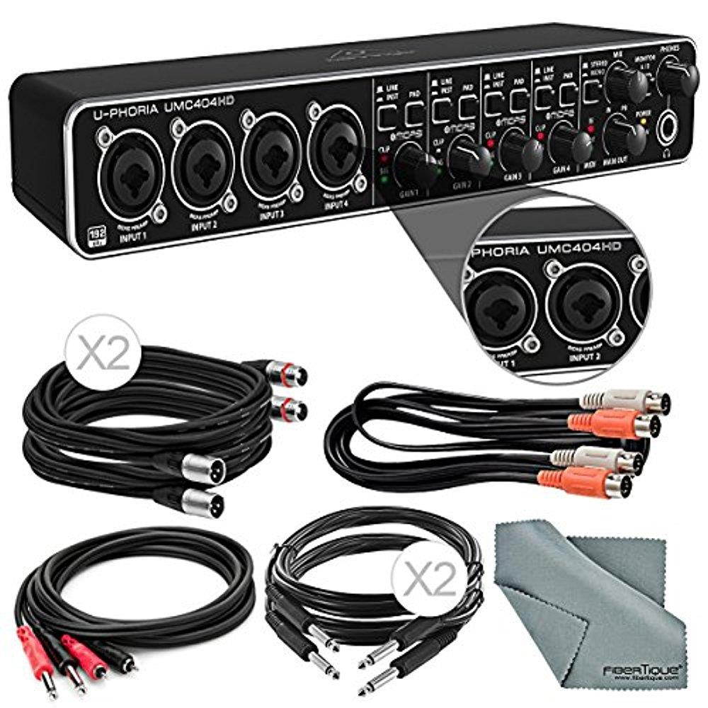 Behringer U-PHORIA UMC404HD USB 2.0 Audio/MIDI Interface and Accessory Bundle w/ 4X Xpix Cables + 2RCA Male Dual Cable + Dual MIDI Cable + Fibertique