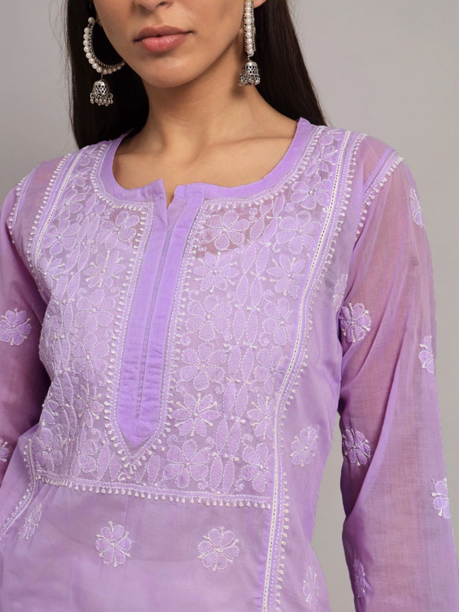 PARAMOUNT CHIKAN Orchid Cotton Hand Embroidered Chikankari Straight Kurti