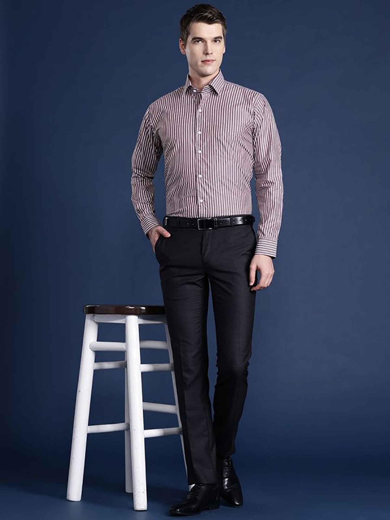 Hancock Red Cotton Slim Fit Stripes Shirts