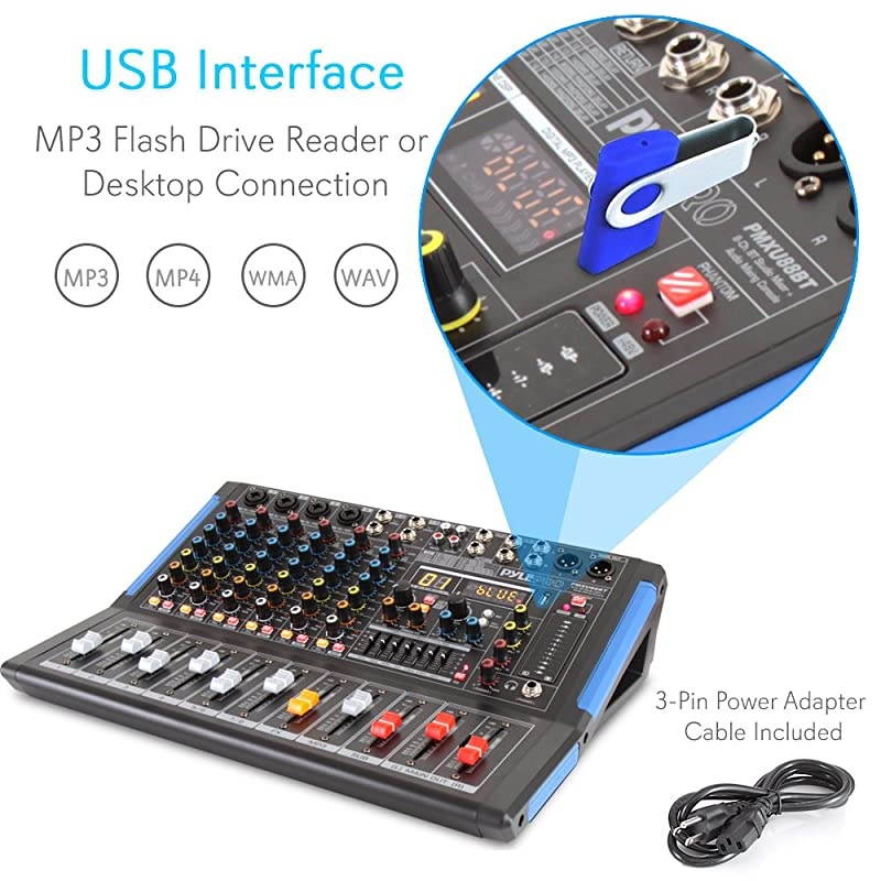 Bluetooth Studio Audio Mixer - DJ Sound Controller Interface w/ USB Drive for PC Recording Input, XLR Microphone Jack, 48V Power, RCA Input/Output for Professional and Beginners - PMXU88BT