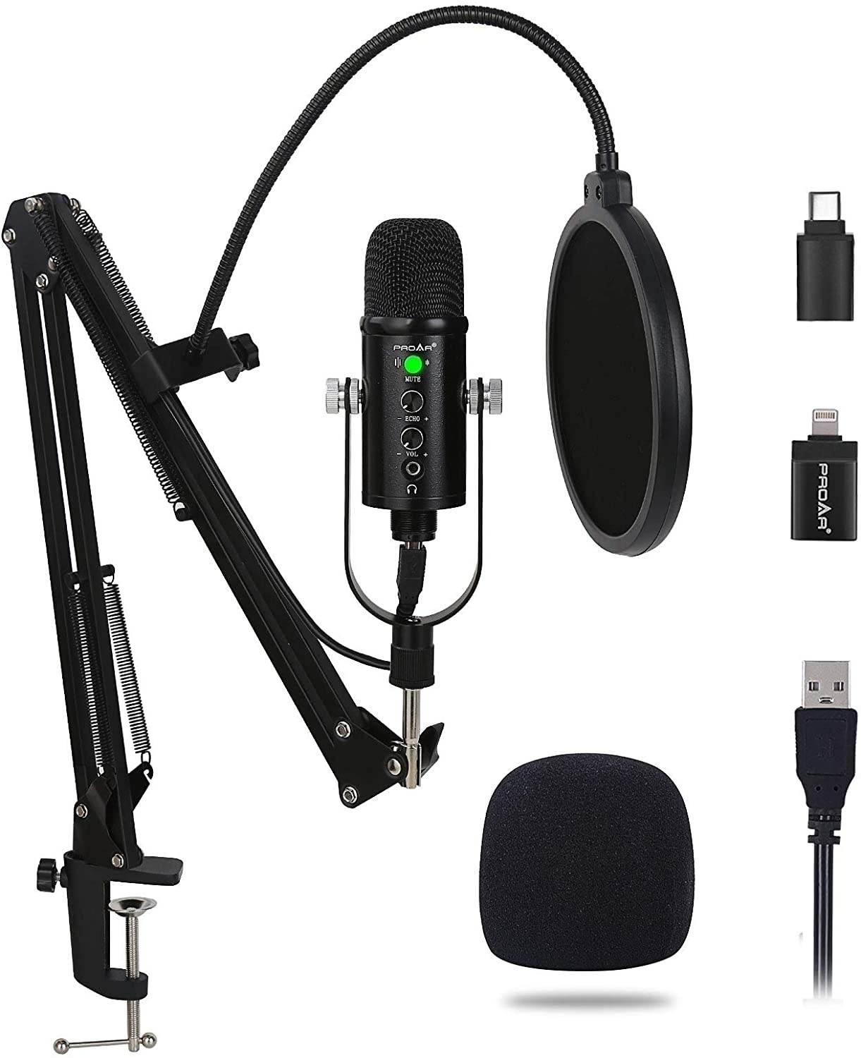 Gaming Microphone, Professional USB Condenser Microphone kit for Mac/PC/Smartphone, Low Noise Microphone with Mute Key for YouTube, Recording, Podcast, Streaming, Metal Mic with Upgraded Stand