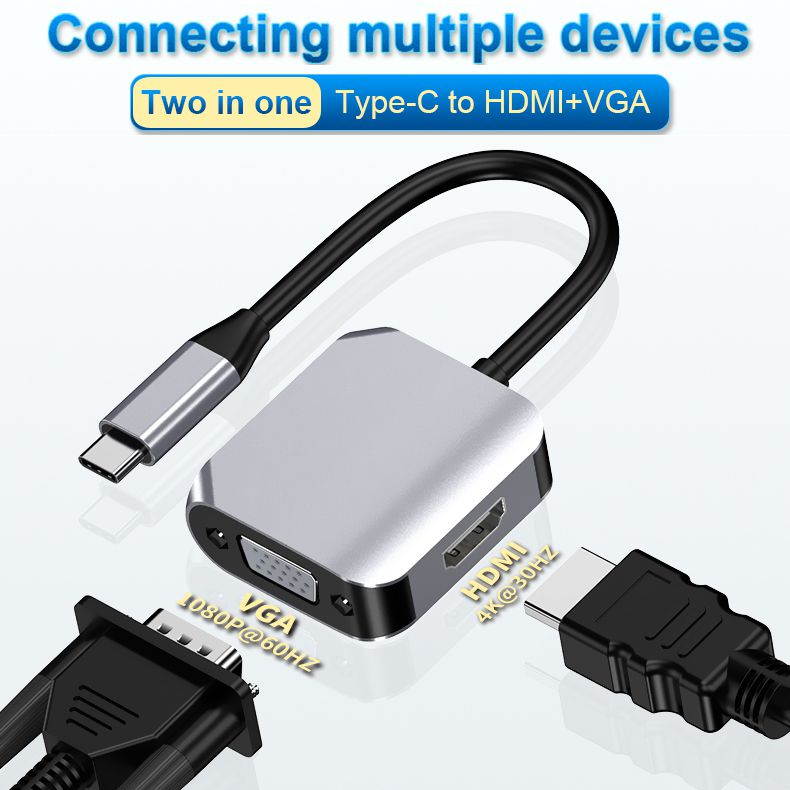 Type-C to HDMI+VGA Converter Type-C Hub Docking Station 4K Laptop Adapter Cable HDMI 4K@30HZ,VGA 1080P@60Hz for Laptop Mobile Phone